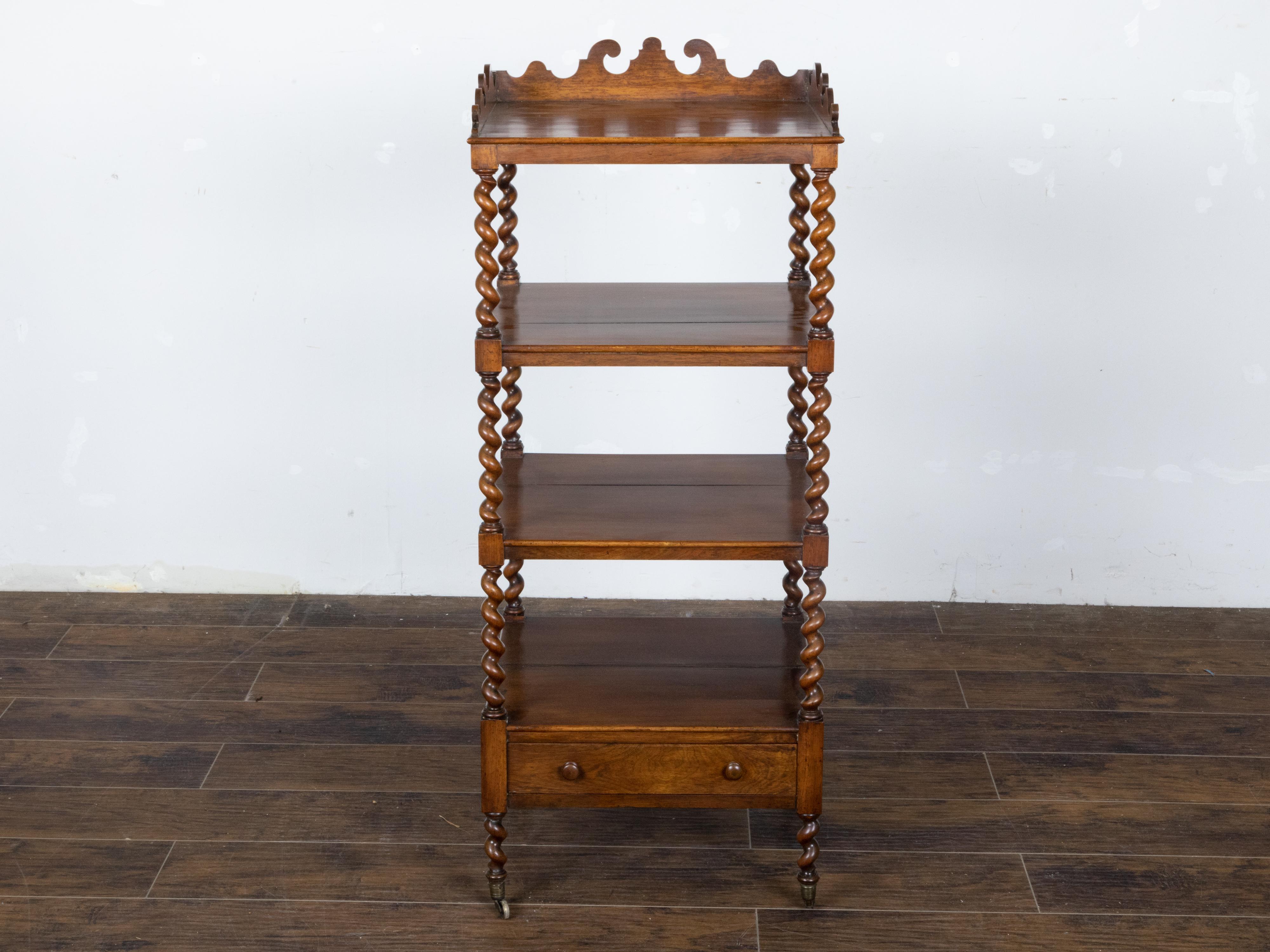 Turned English 19th Century Walnut Barley Twist Tiered Shelf on Casters with Drawer For Sale