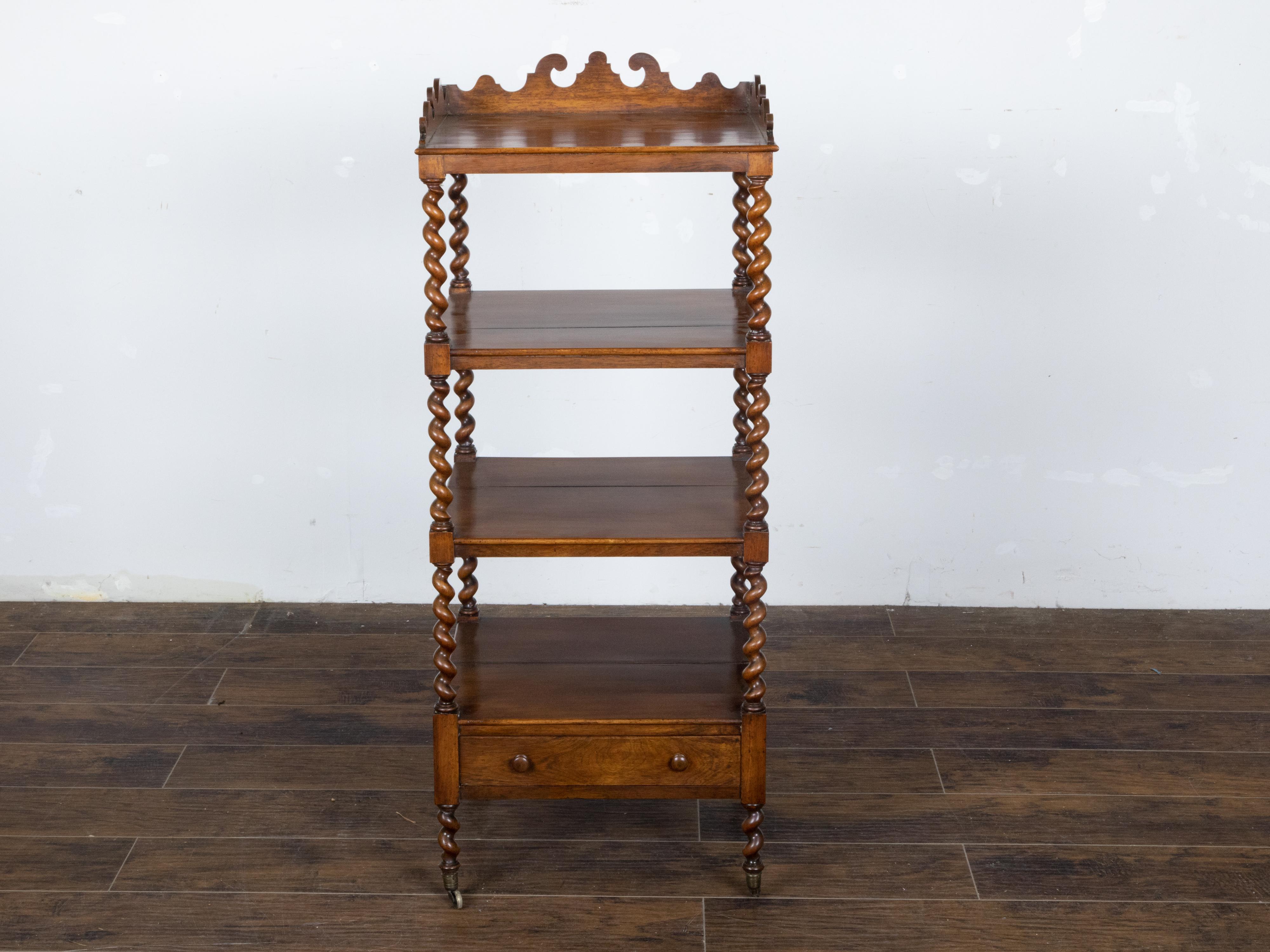 English 19th Century Walnut Barley Twist Tiered Shelf on Casters with Drawer In Good Condition For Sale In Atlanta, GA