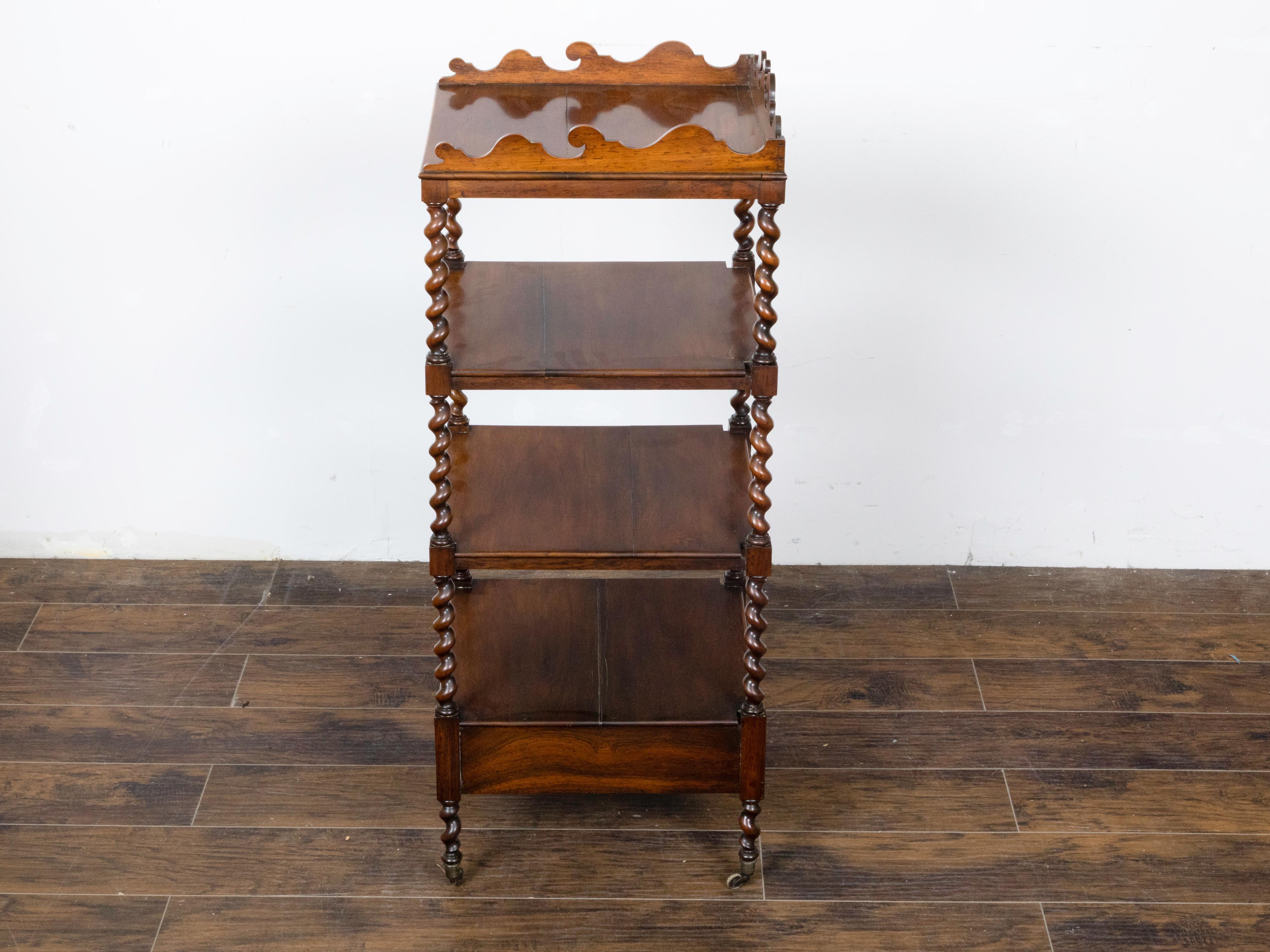 English 19th Century Walnut Barley Twist Tiered Shelf on Casters with Drawer For Sale 1