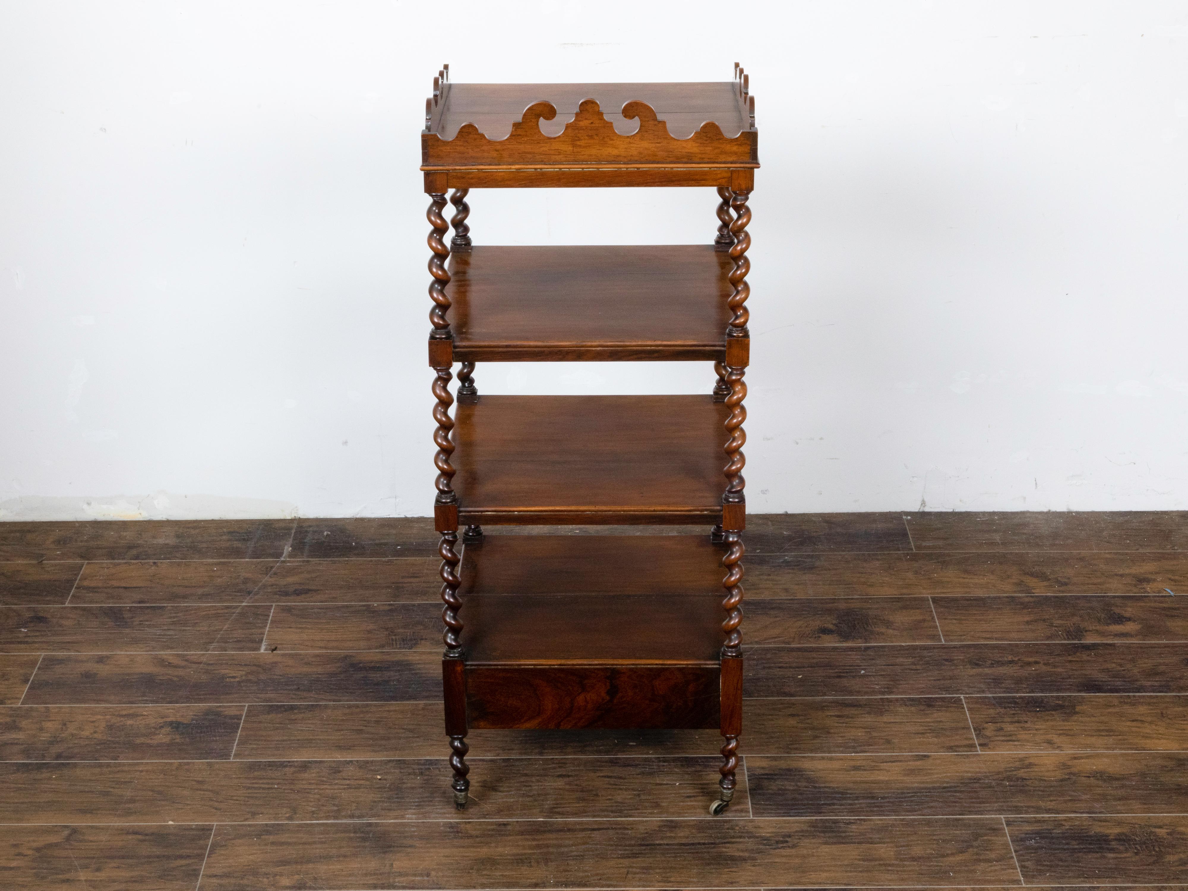 English 19th Century Walnut Barley Twist Tiered Shelf on Casters with Drawer For Sale 2