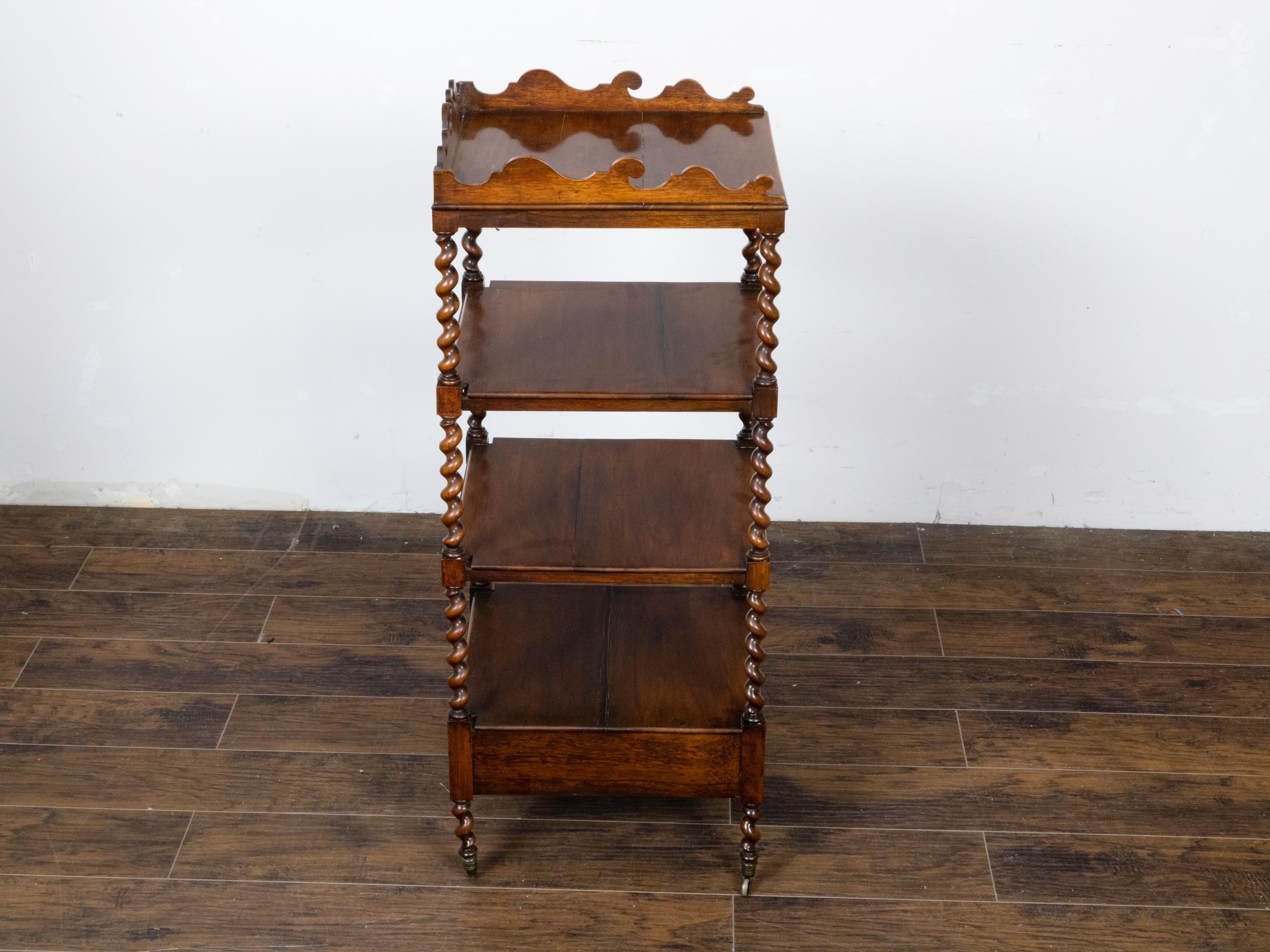English 19th Century Walnut Barley Twist Tiered Shelf on Casters with Drawer For Sale 3