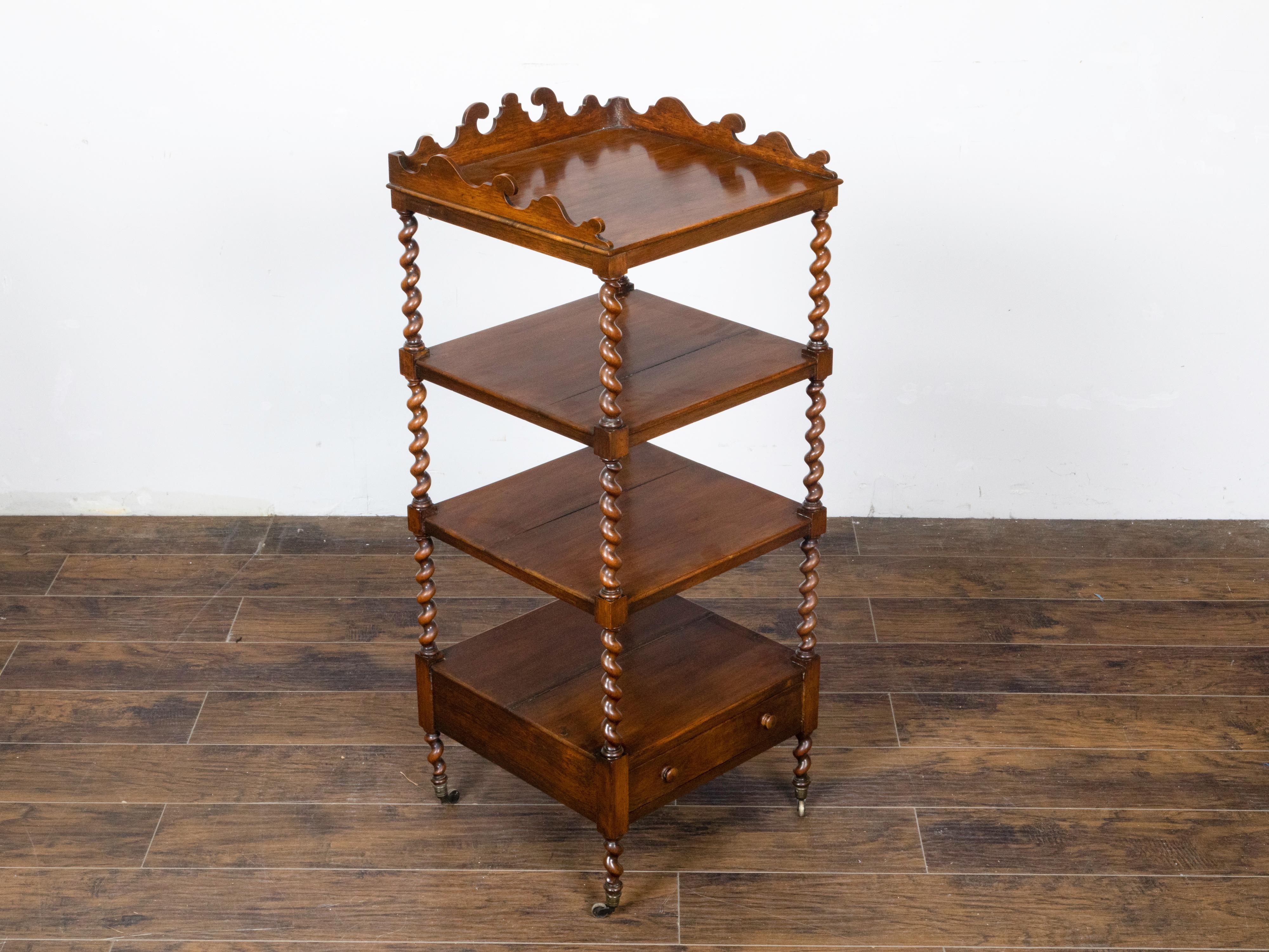 English 19th Century Walnut Barley Twist Tiered Shelf on Casters with Drawer For Sale 4