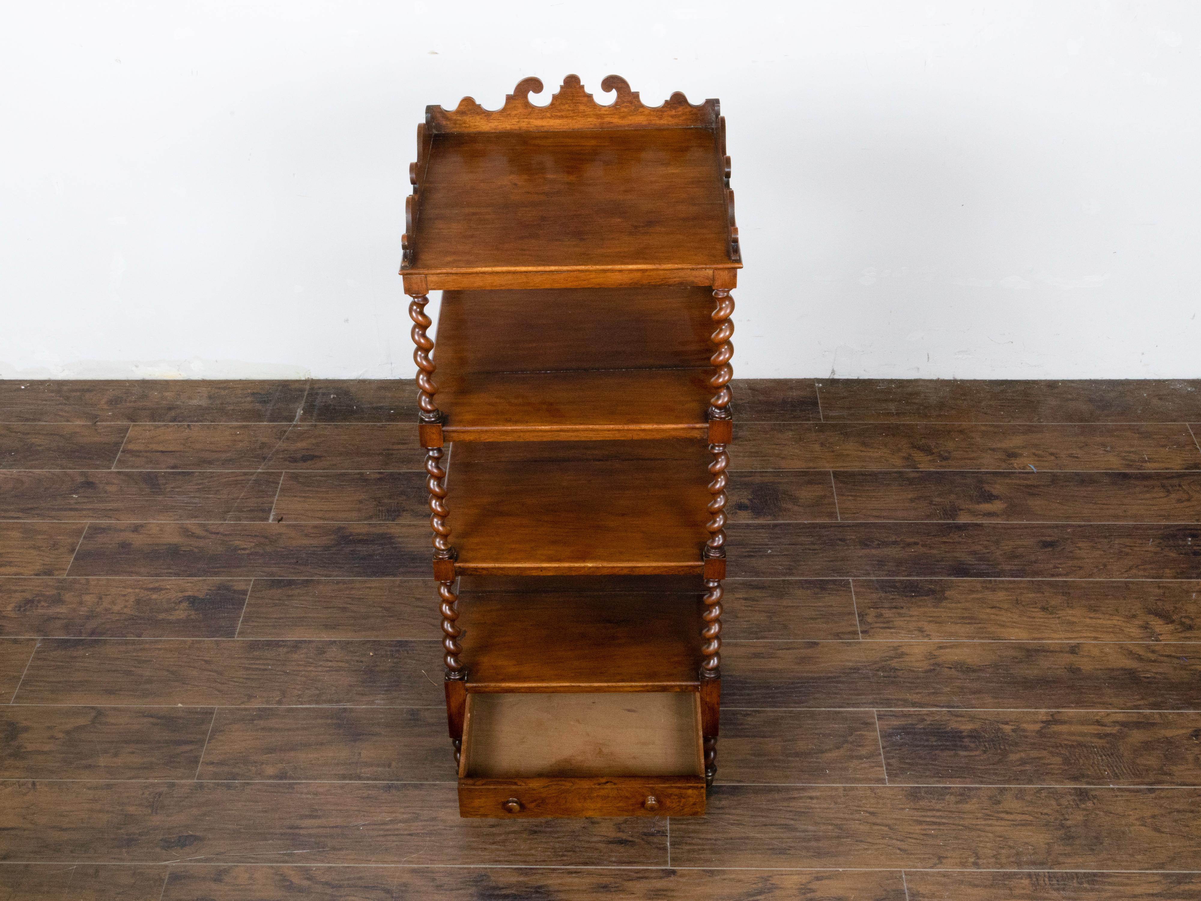 English 19th Century Walnut Barley Twist Tiered Shelf on Casters with Drawer For Sale 4