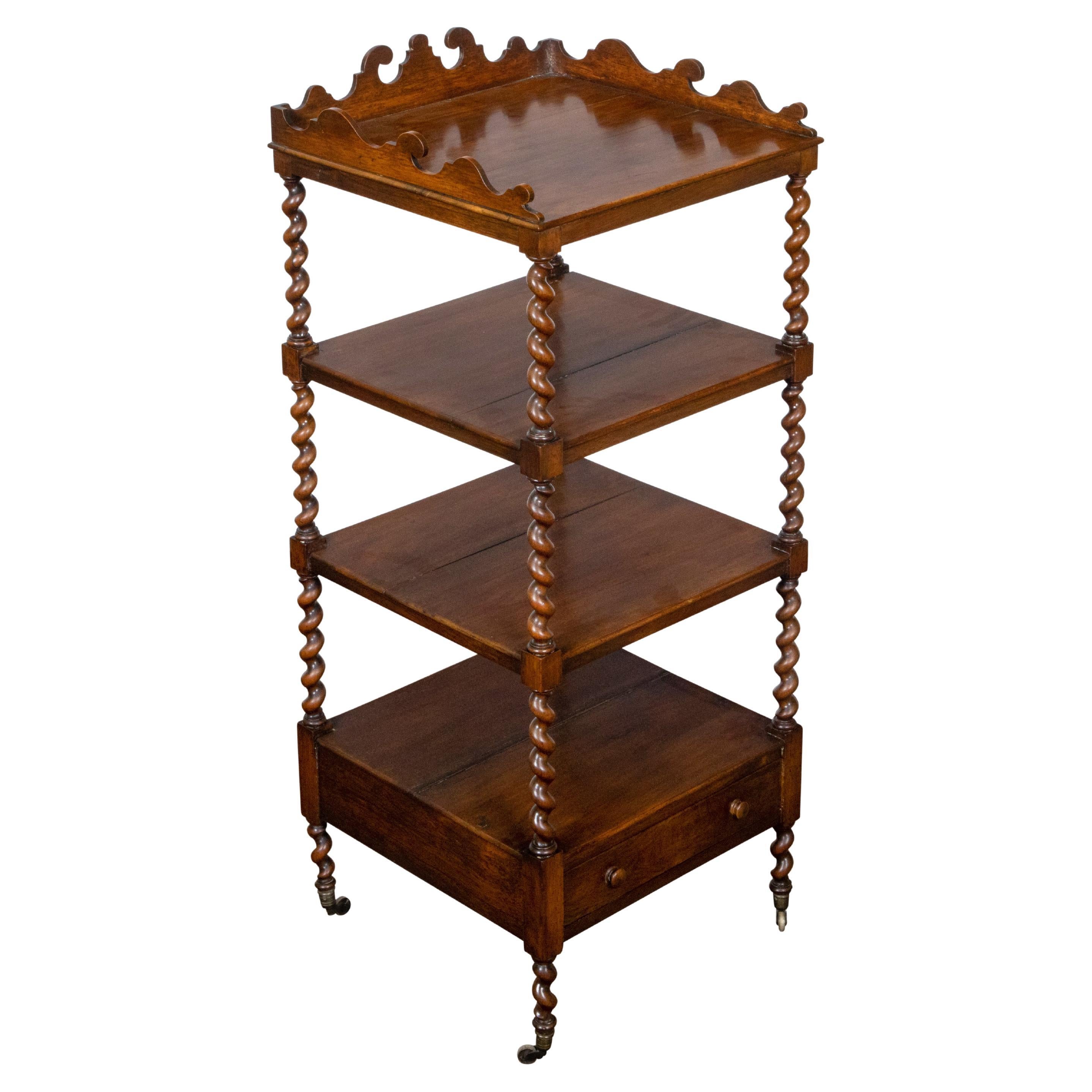 English 19th Century Walnut Barley Twist Tiered Shelf on Casters with Drawer For Sale