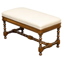 English 19th Century Walnut Bench with Turned Legs and H-Form Cross Stretcher