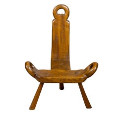 English 19th Century Walnut Folk Low Chair with Three-Legged Base