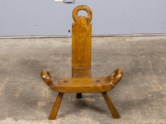 English 19th Century Walnut Folk Low Chair with Three-Legged Base