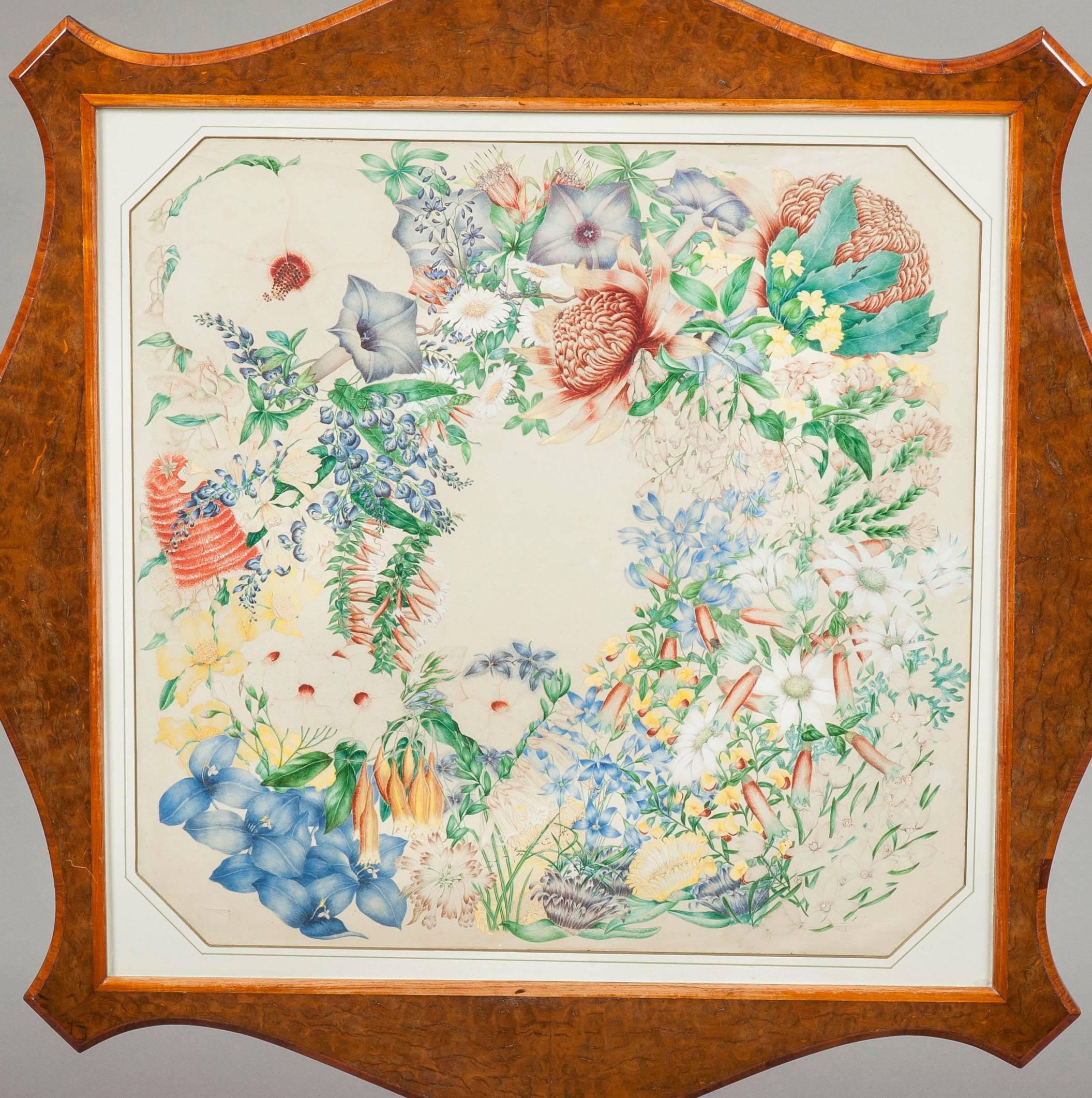 Début de l'époque victorienne Table d'appoint anglaise du XIXe siècle en noyer avec plateau en aquarelle en vente