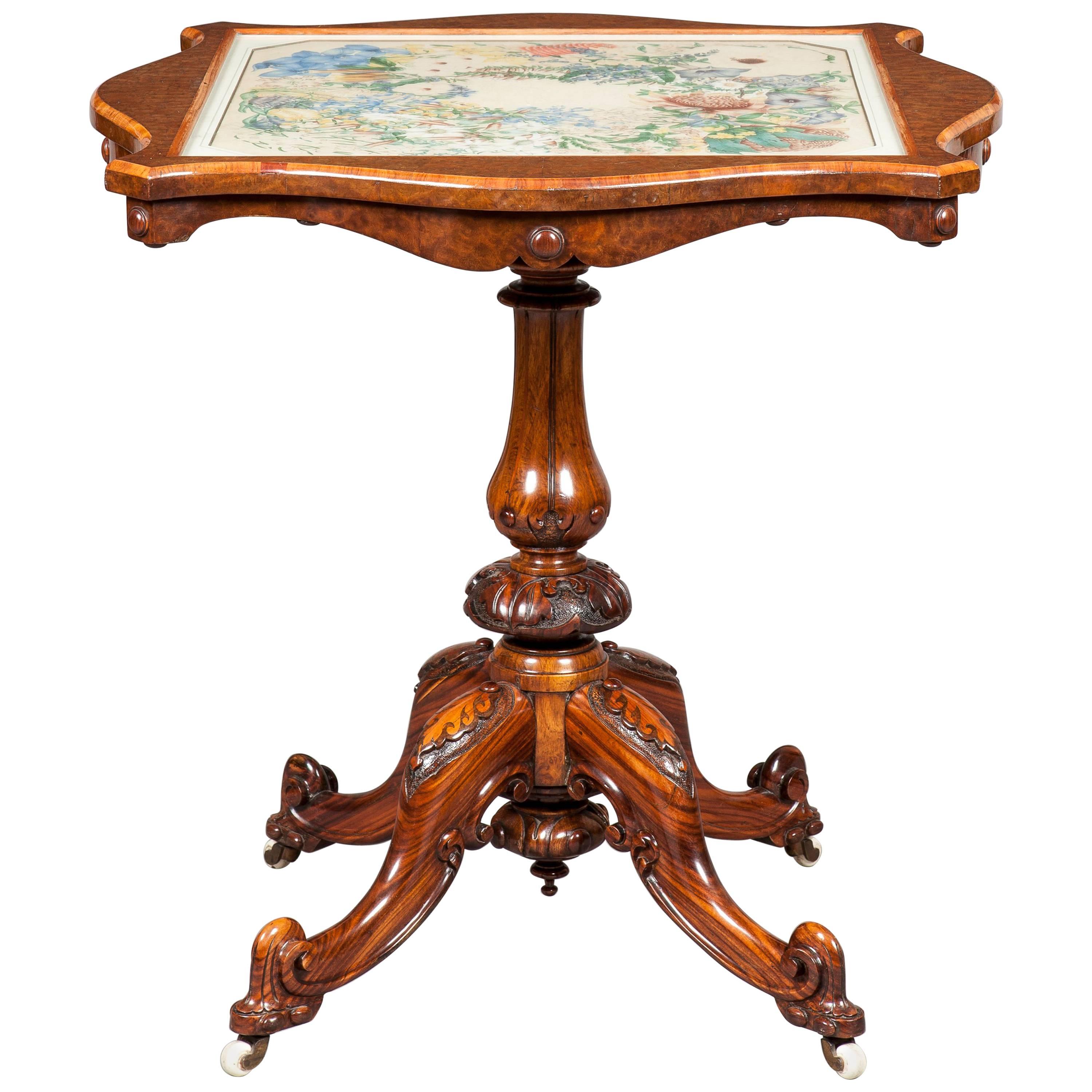 English 19th Century Walnut Occasional Table with Watercolor Top