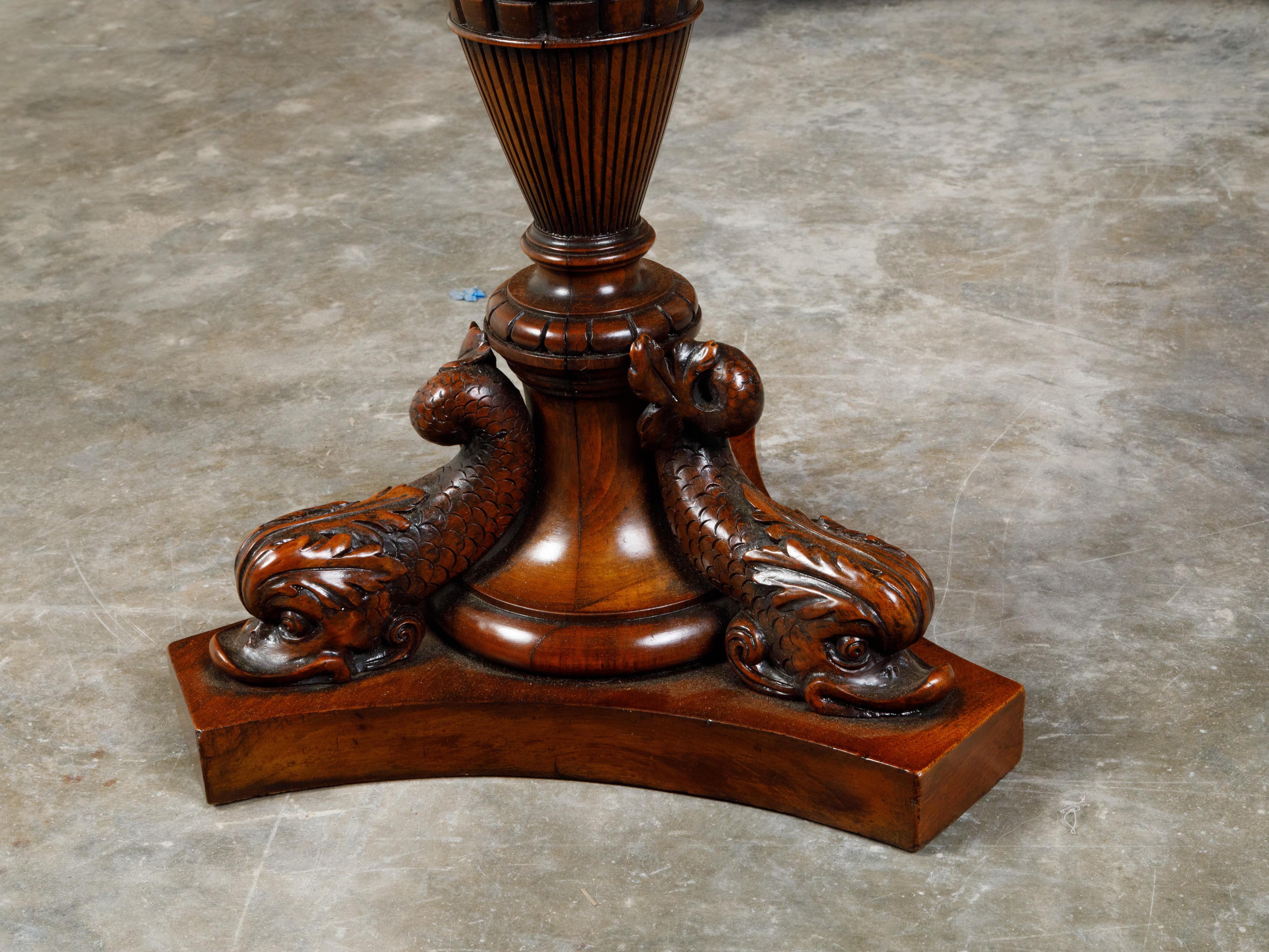 English 19th Century Walnut Pedestal Side Table with Carved Grapes and Dolphins For Sale 7