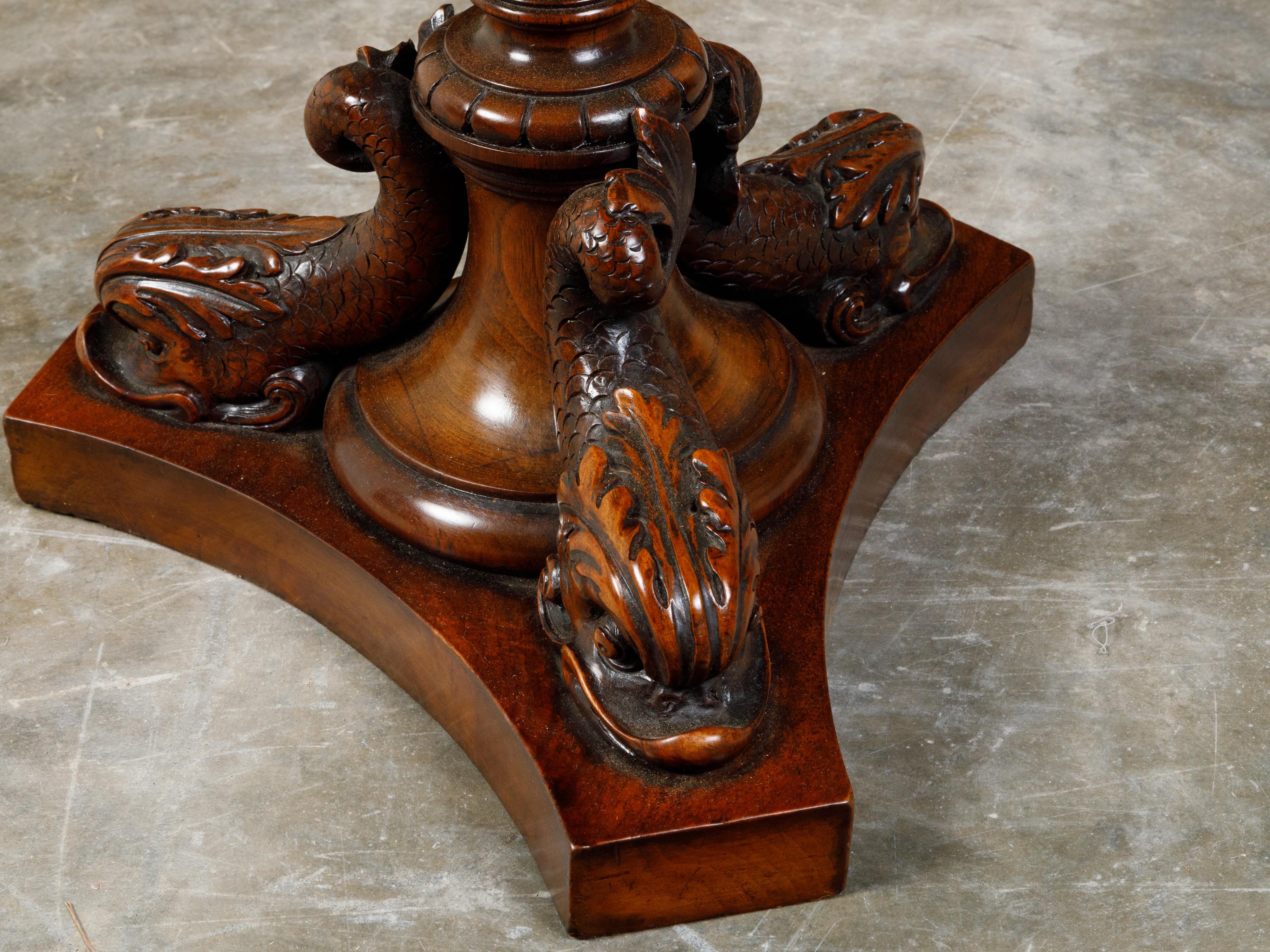 English 19th Century Walnut Pedestal Side Table with Carved Grapes and Dolphins For Sale 2