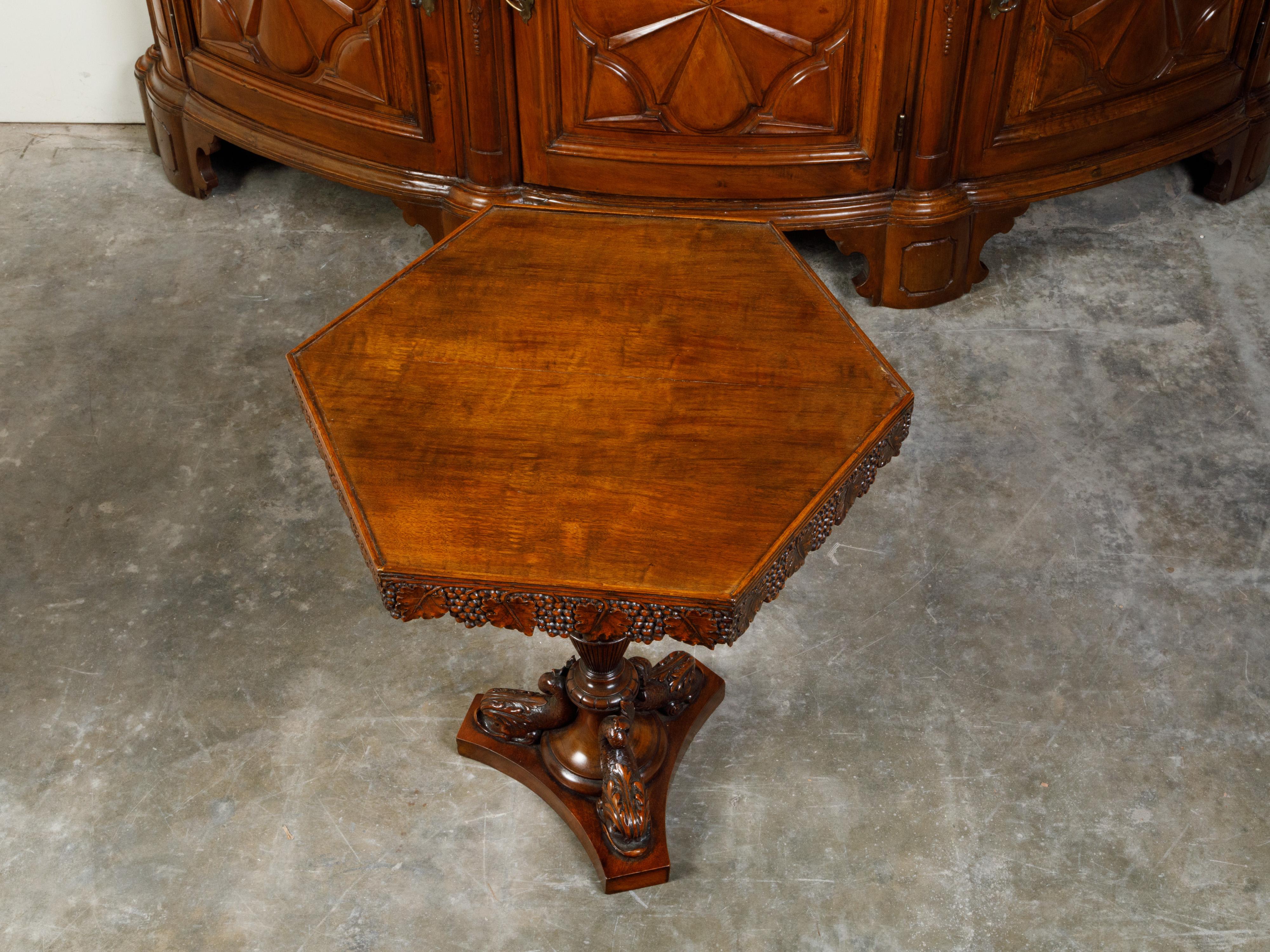 English 19th Century Walnut Pedestal Side Table with Carved Grapes and Dolphins For Sale 3