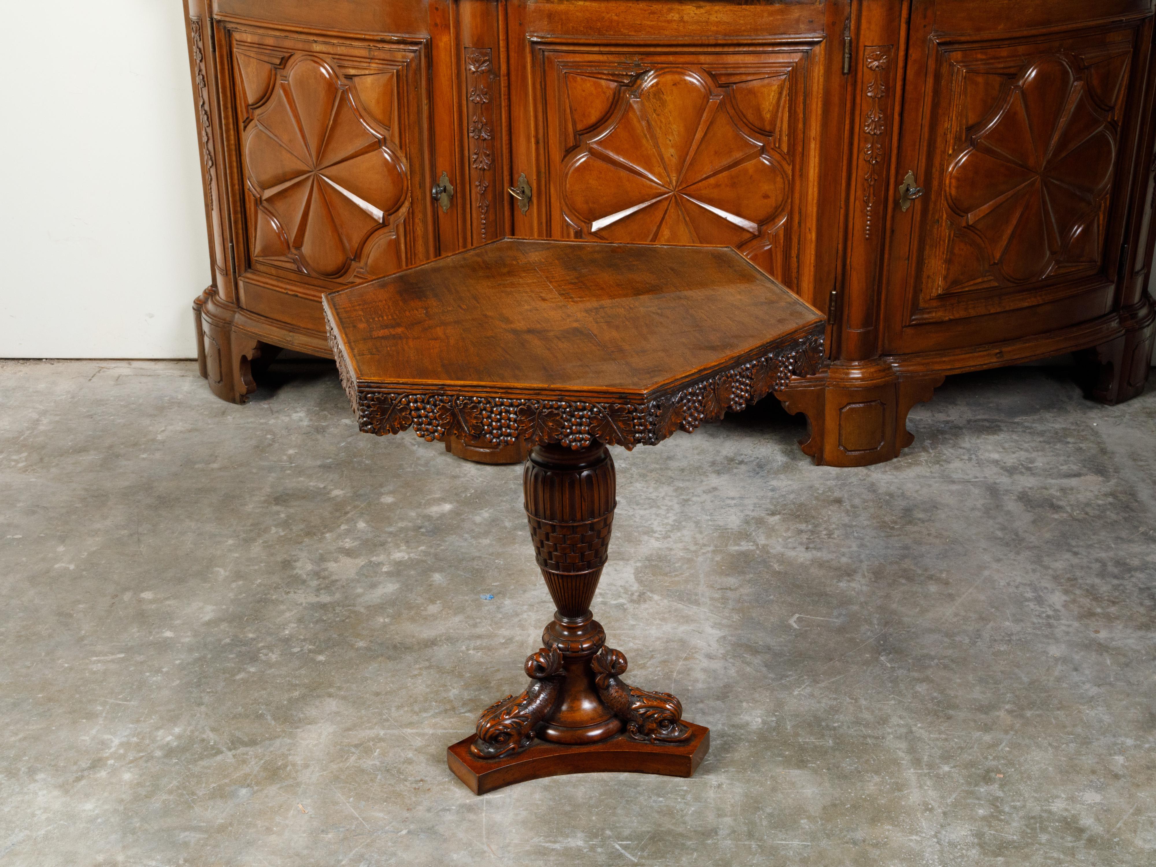 English 19th Century Walnut Pedestal Side Table with Carved Grapes and Dolphins For Sale 4