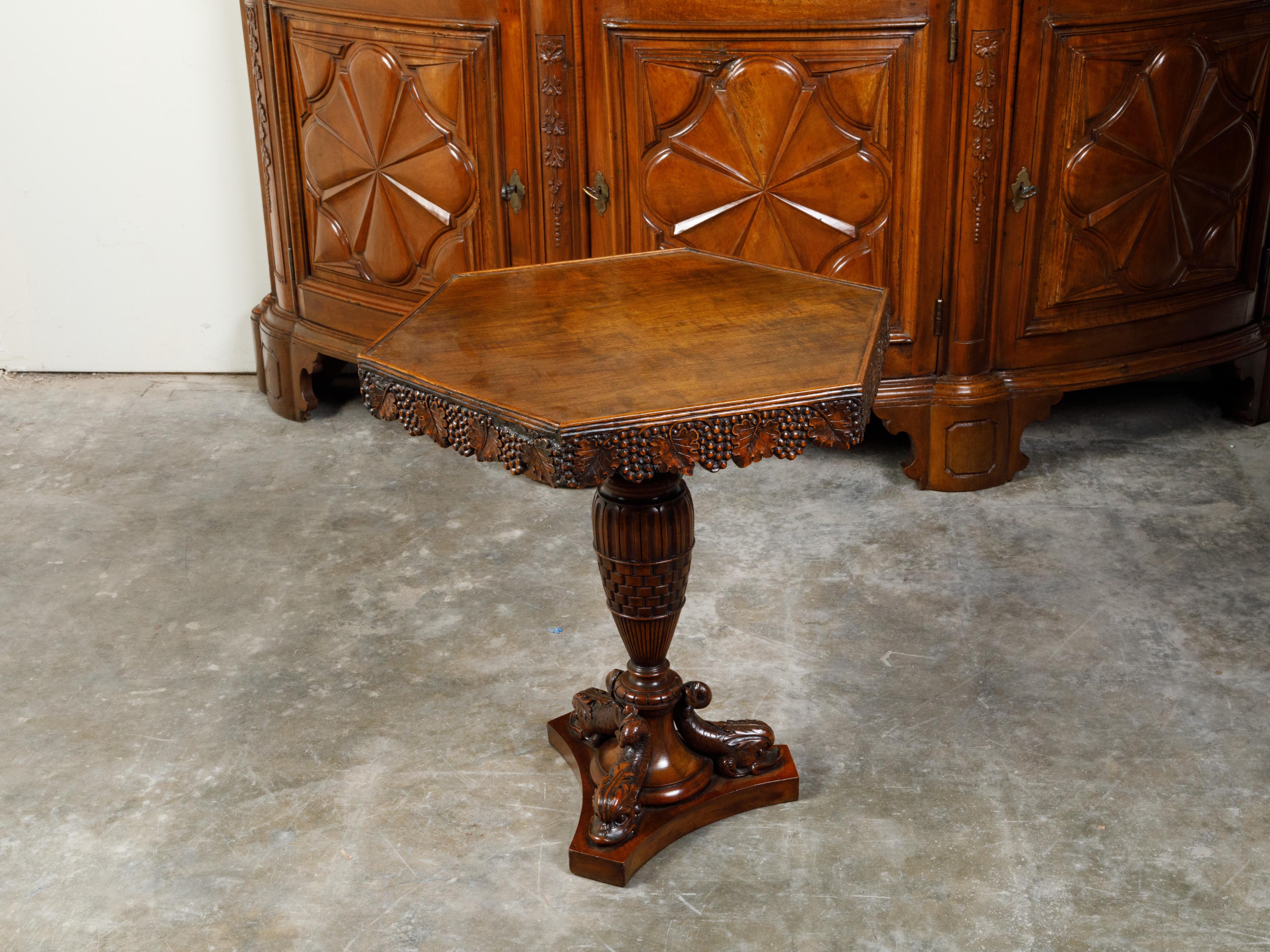 English 19th Century Walnut Pedestal Side Table with Carved Grapes and Dolphins For Sale 5