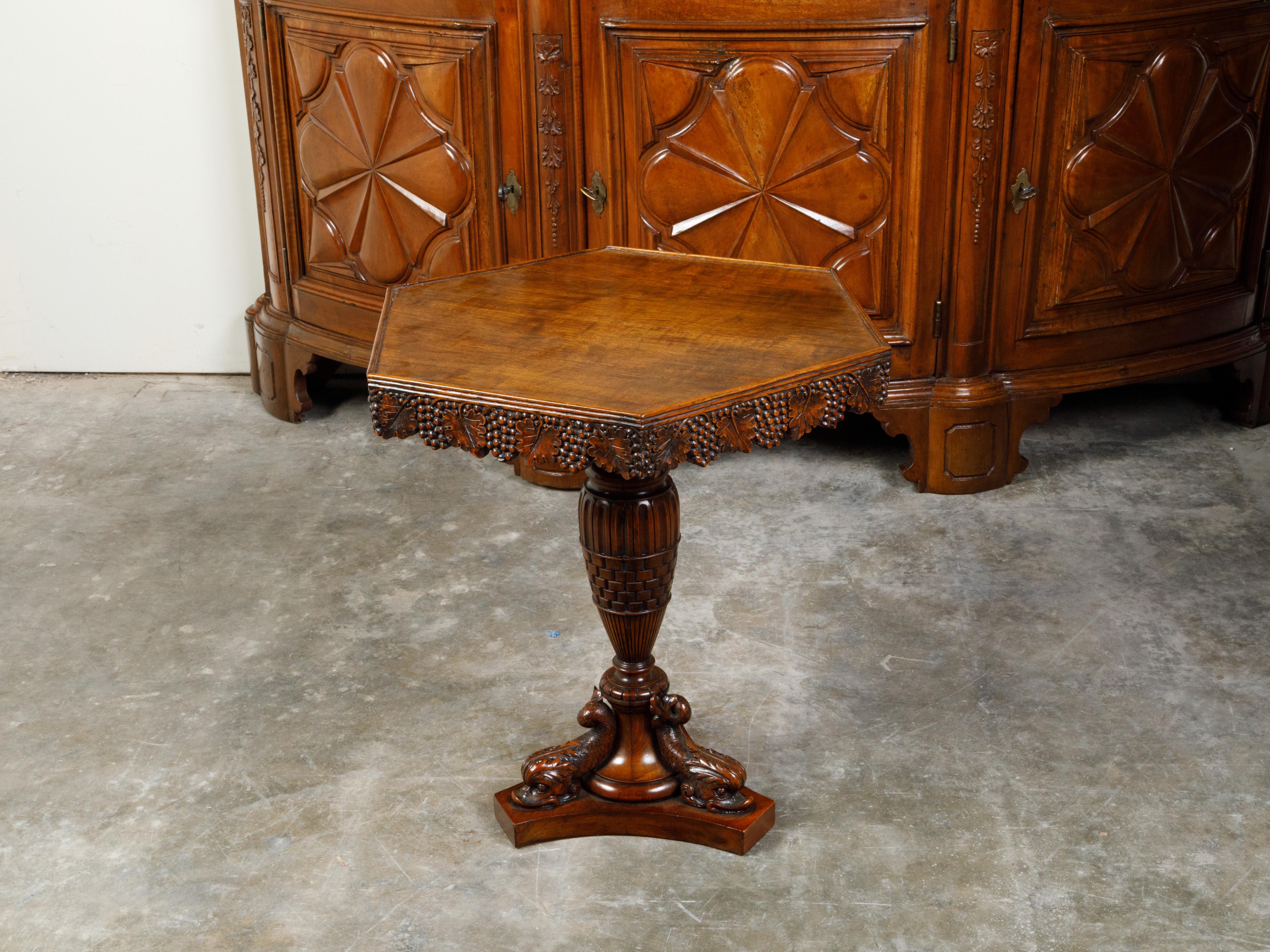 English 19th Century Walnut Pedestal Side Table with Carved Grapes and Dolphins For Sale 6