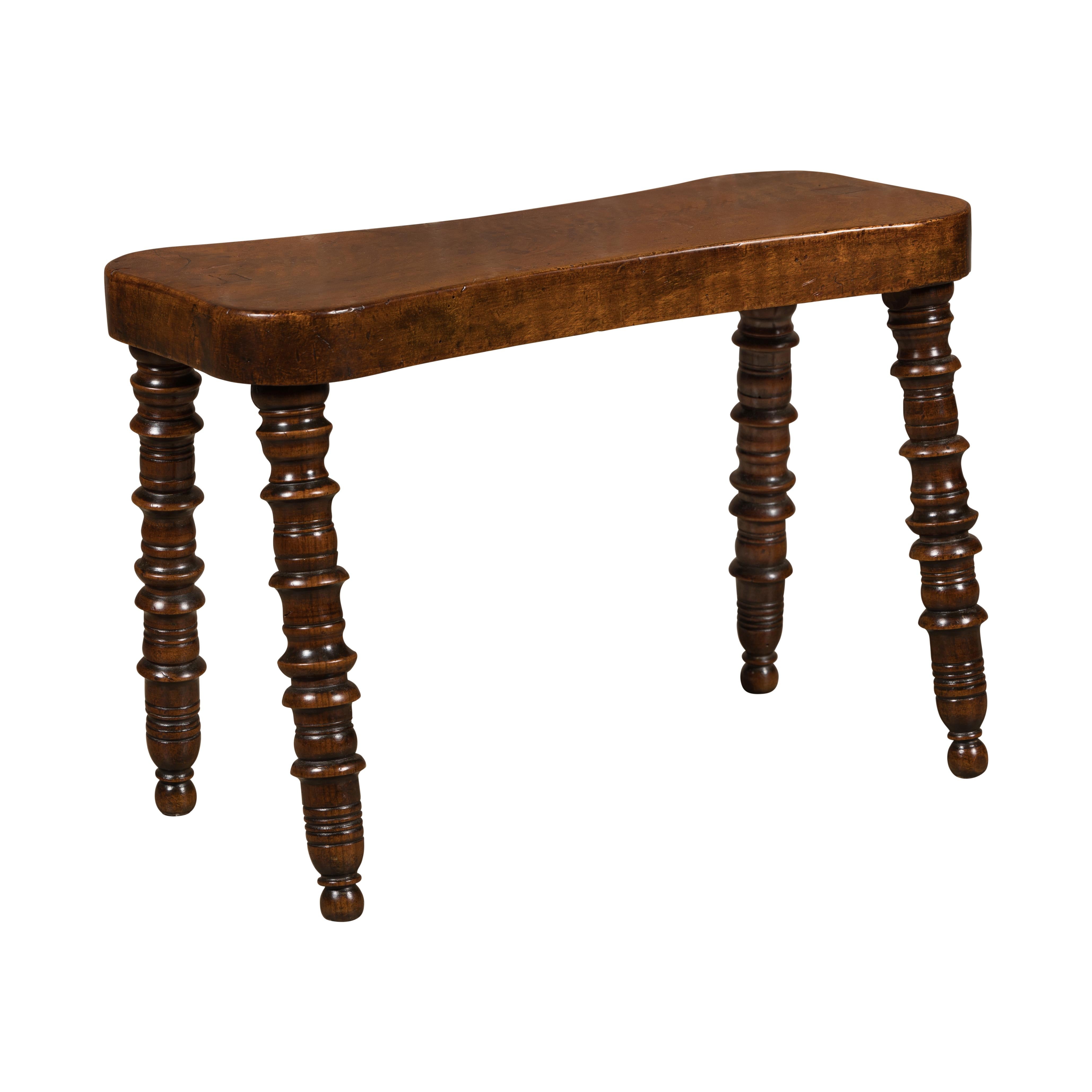 English 19th Century Walnut Stool with Turned Legs and Ball Feet For Sale 8