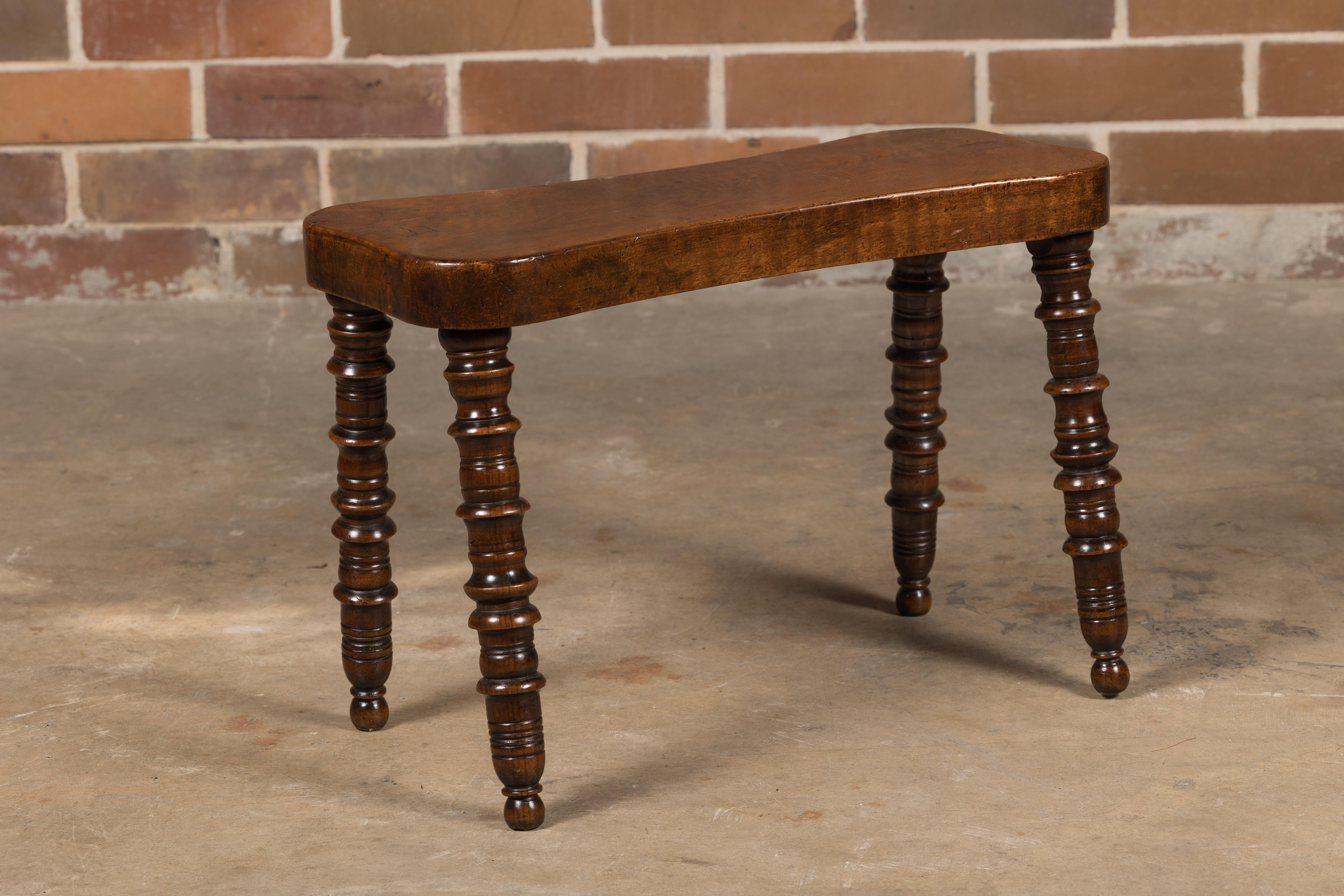 English 19th Century Walnut Stool with Turned Legs and Ball Feet For Sale 3