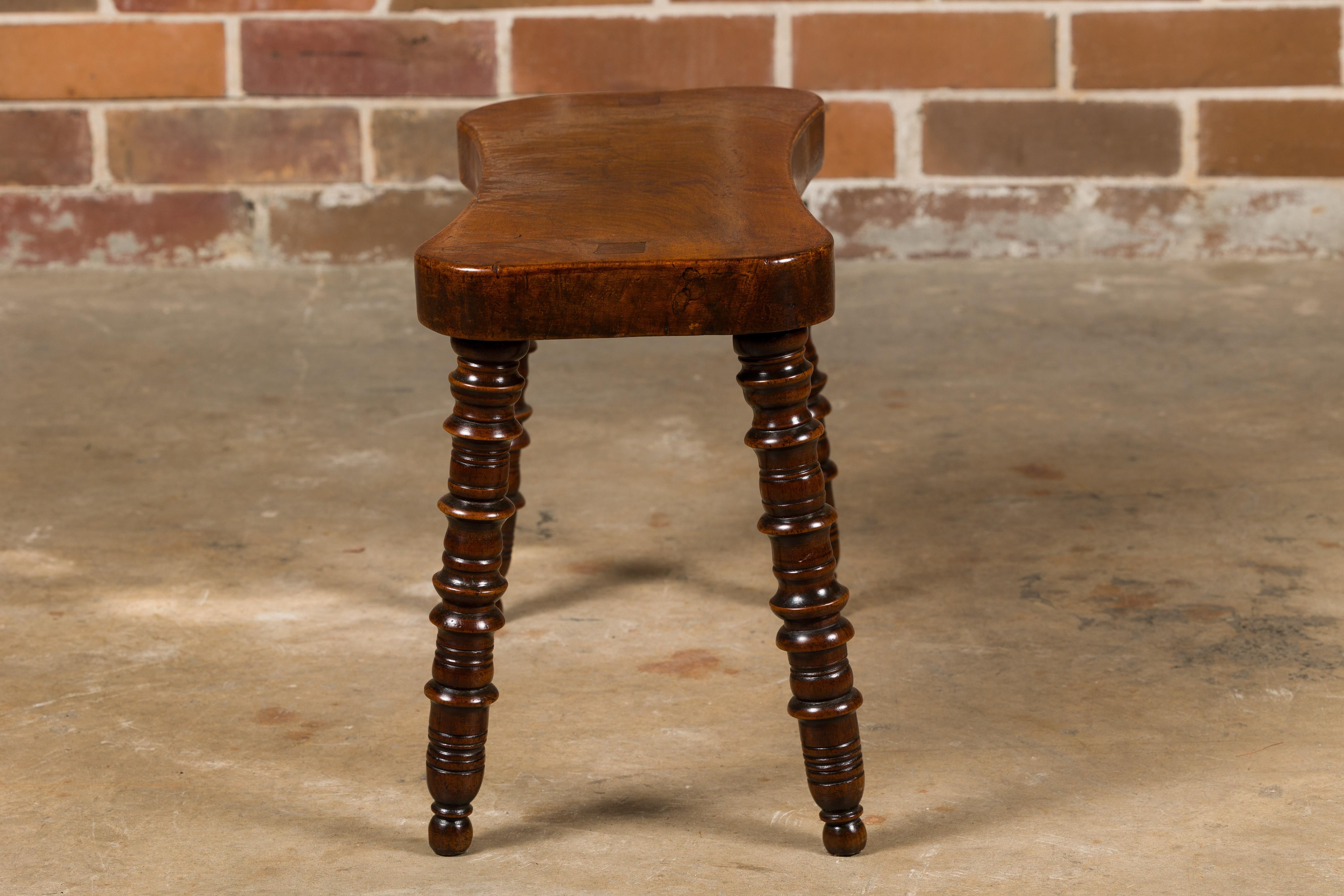 English 19th Century Walnut Stool with Turned Legs and Ball Feet For Sale 4