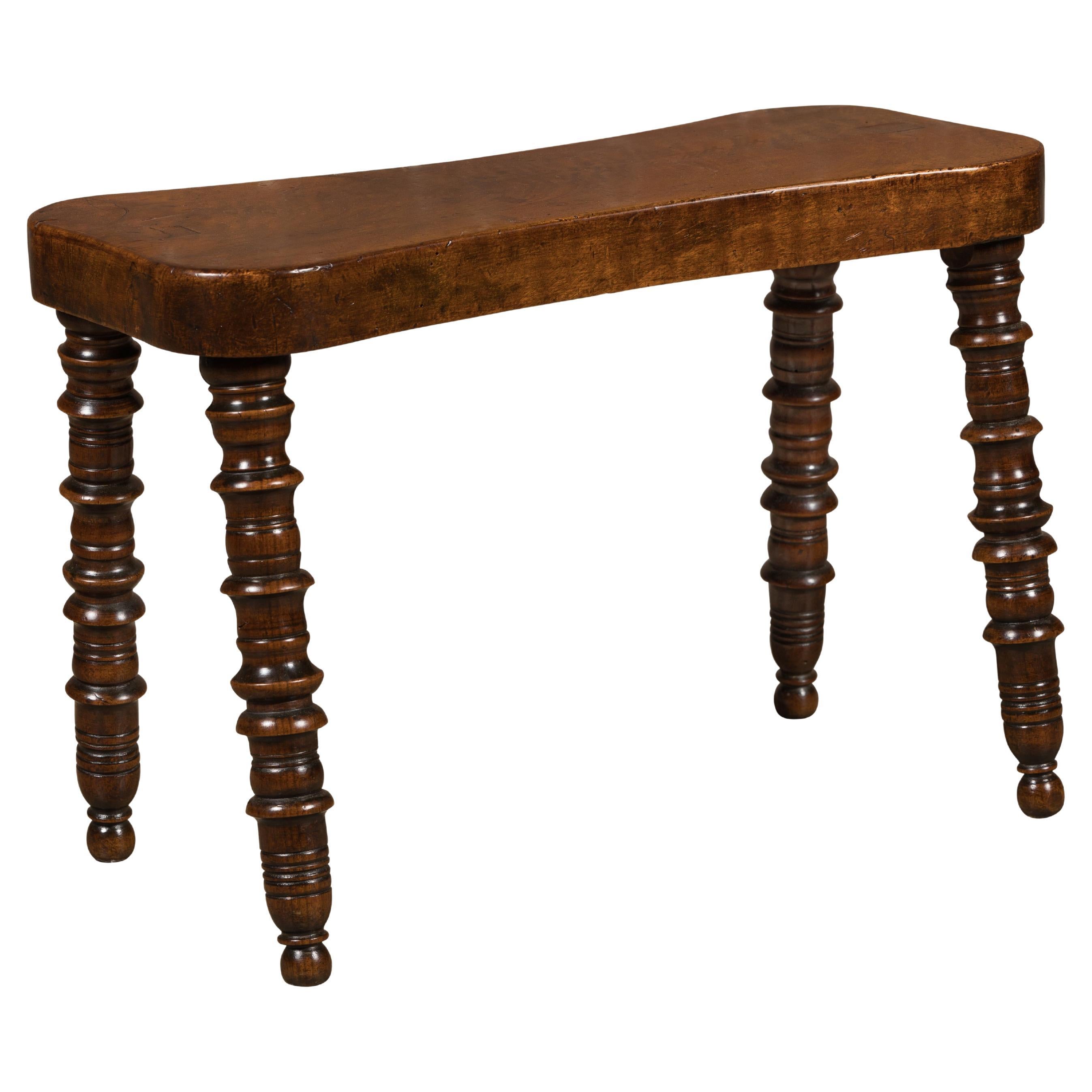 English 19th Century Walnut Stool with Turned Legs and Ball Feet For Sale