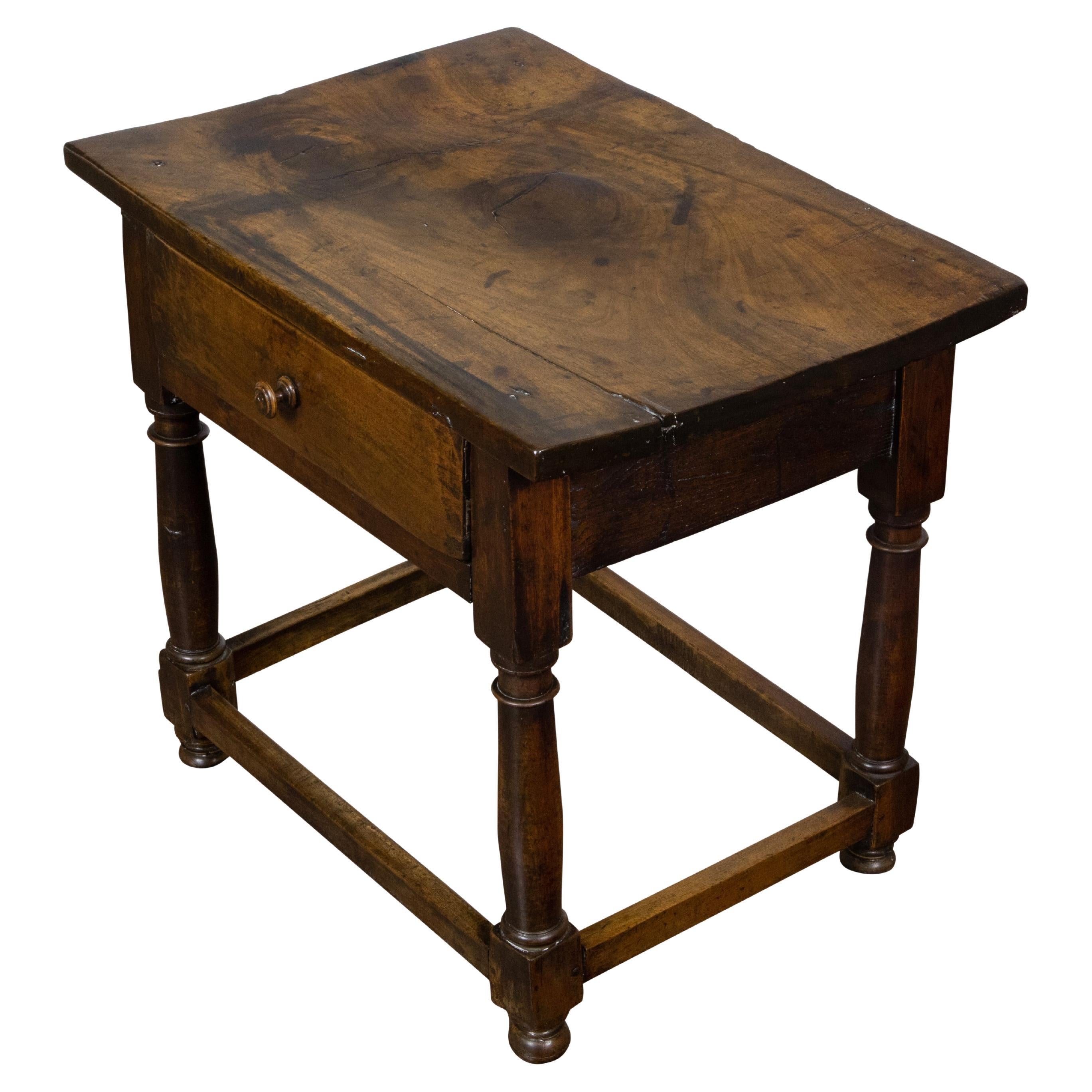 English 19th Century Walnut Table with Single Drawer and Column Shaped Legs For Sale