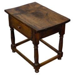 Antique English 19th Century Walnut Table with Single Drawer and Column Shaped Legs