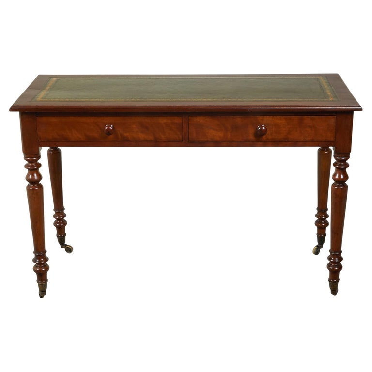 English 19th Century Walnut TwoDrawer Desk with Green Leather Top at