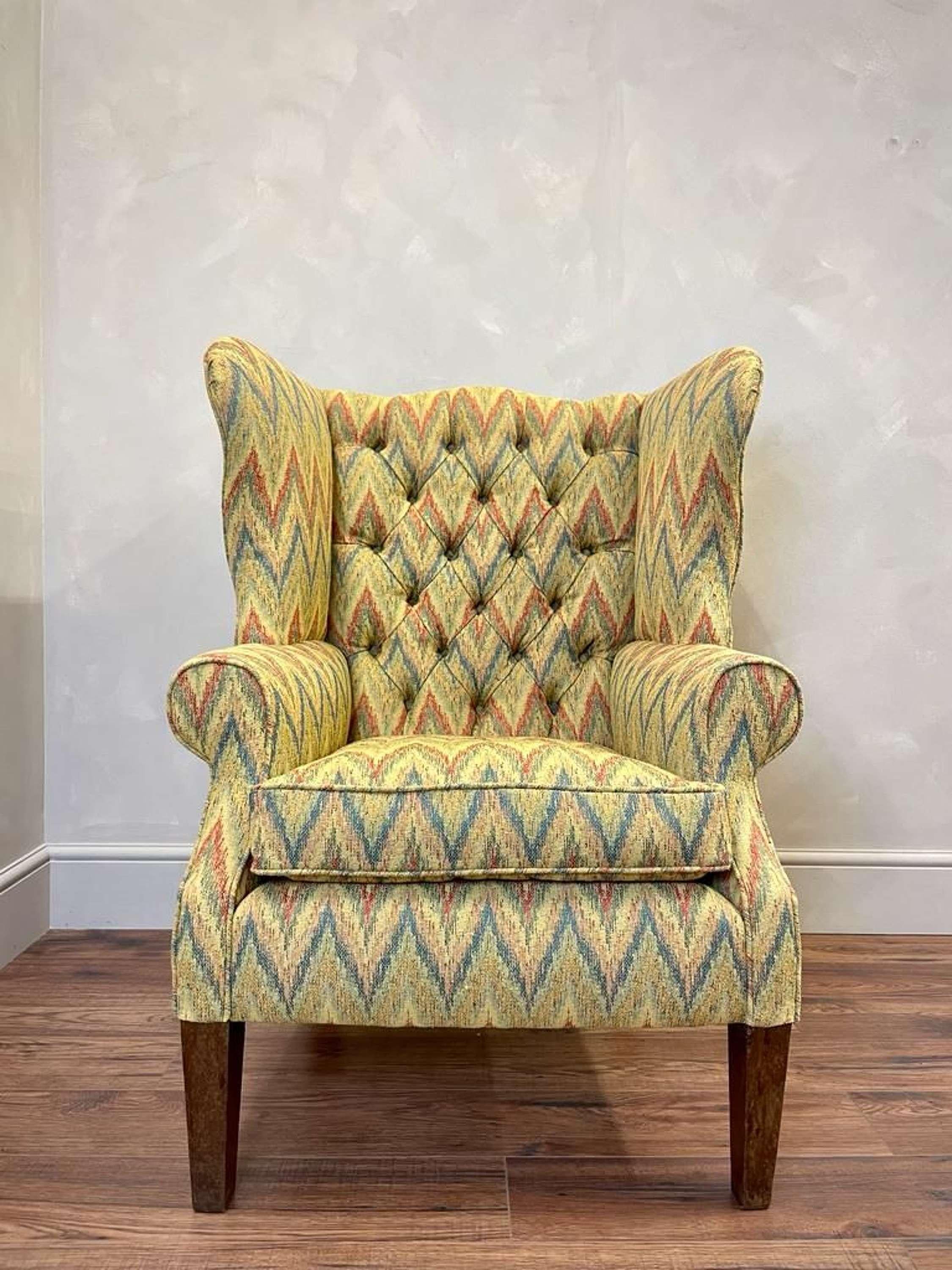 Victorian wingback armchair 
Traditionally Re upholstered in flame stitch tapestry fabric 
New Feather cushion 
.

Back height - 108 cm 
Wing Width - 81 cm 
Depth - 77 cm
Seat height - 53 cm 
Front width - 70 cm

We are happy to work with