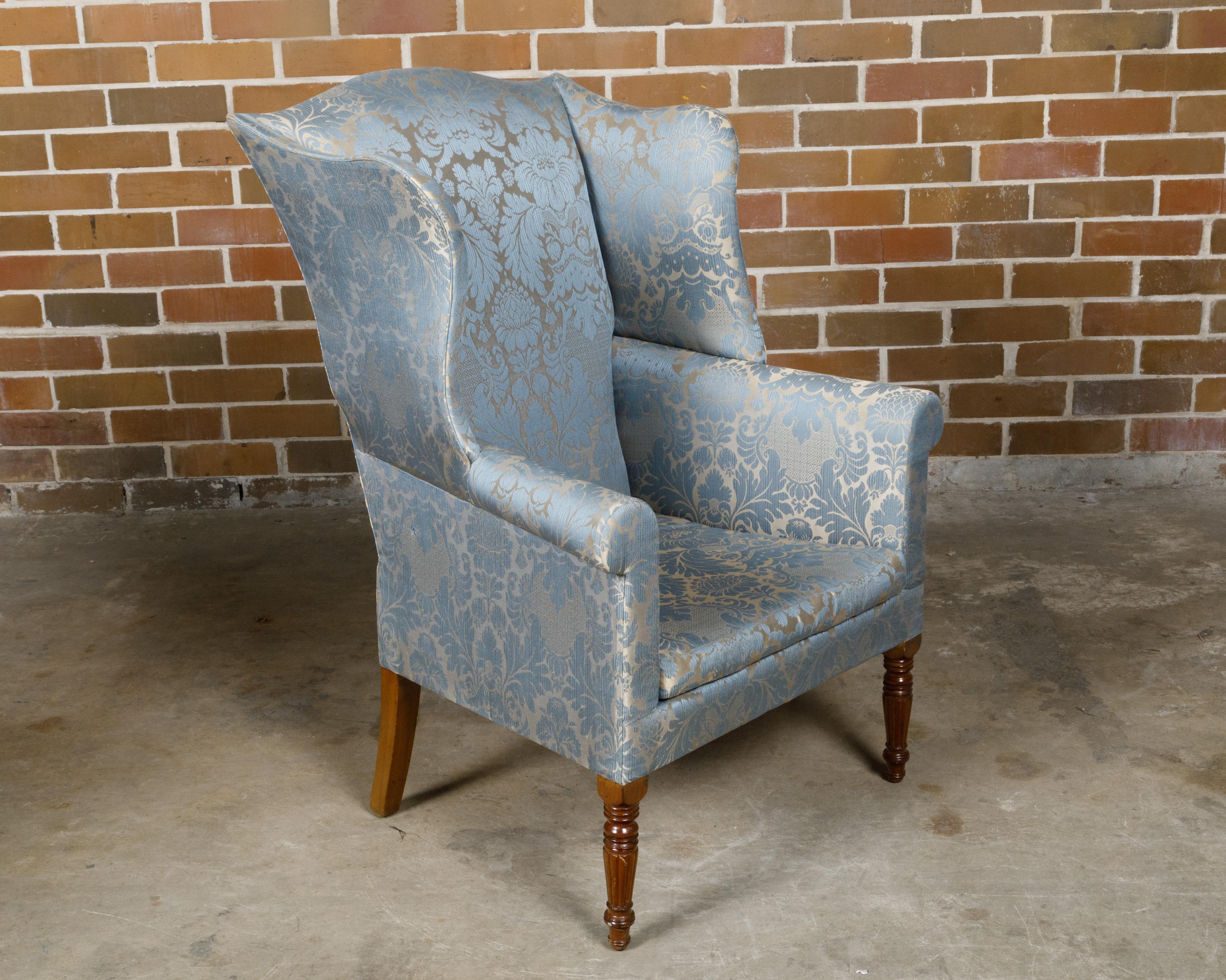 English 19th Century Wingback Chair with Blue Fabric and Turned Legs In Good Condition For Sale In Atlanta, GA
