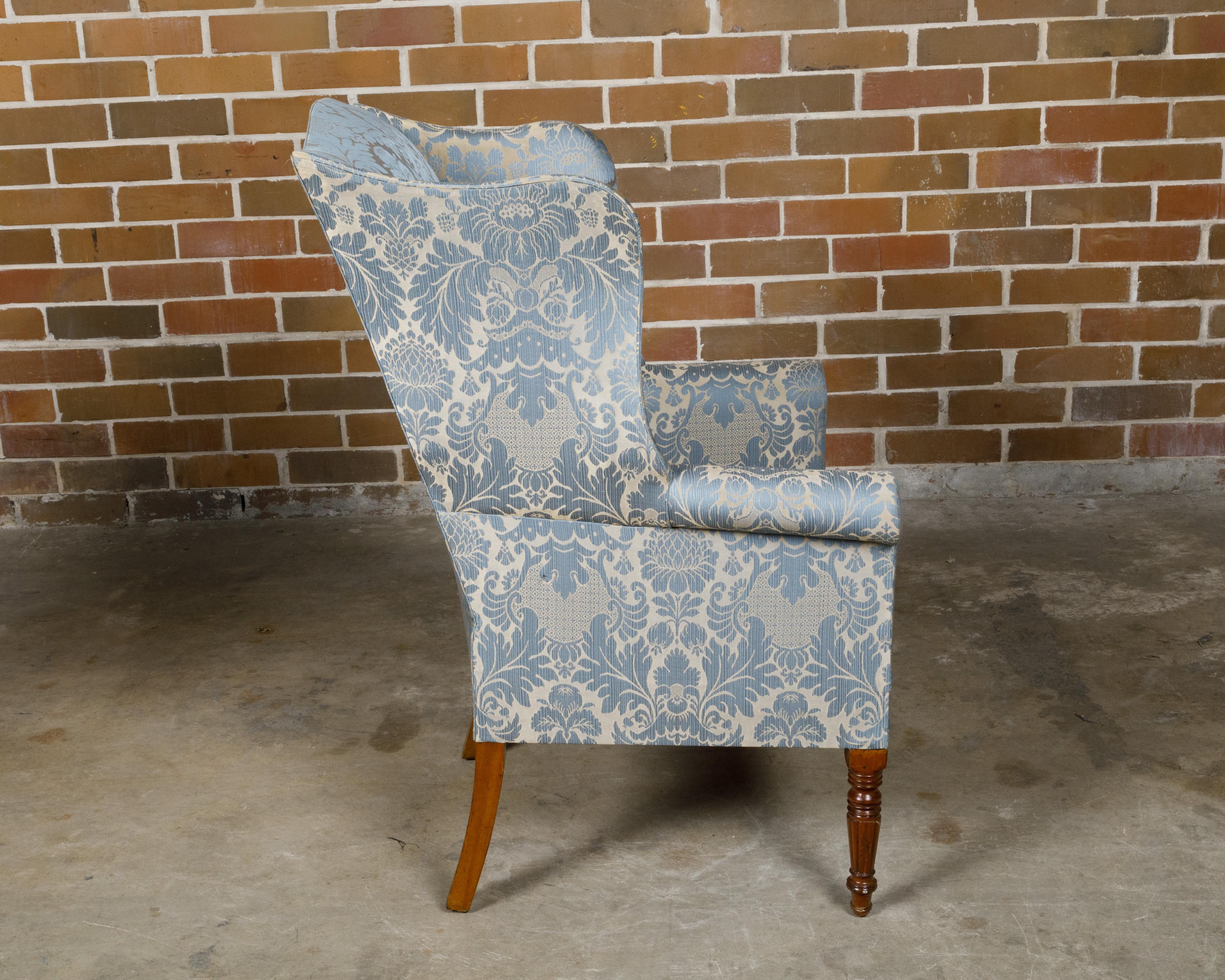 Upholstery English 19th Century Wingback Chair with Blue Fabric and Turned Legs For Sale
