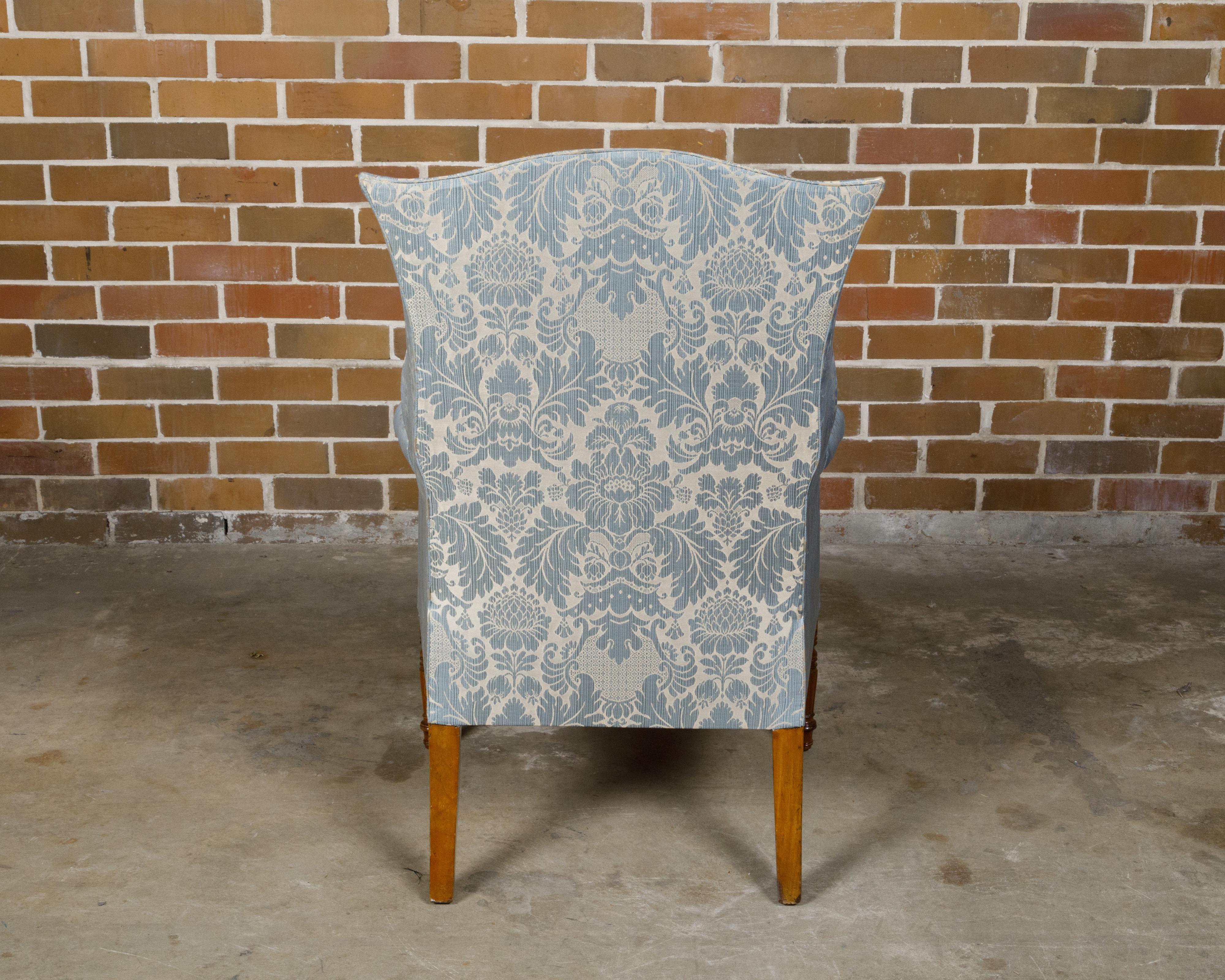 English 19th Century Wingback Chair with Blue Fabric and Turned Legs For Sale 1