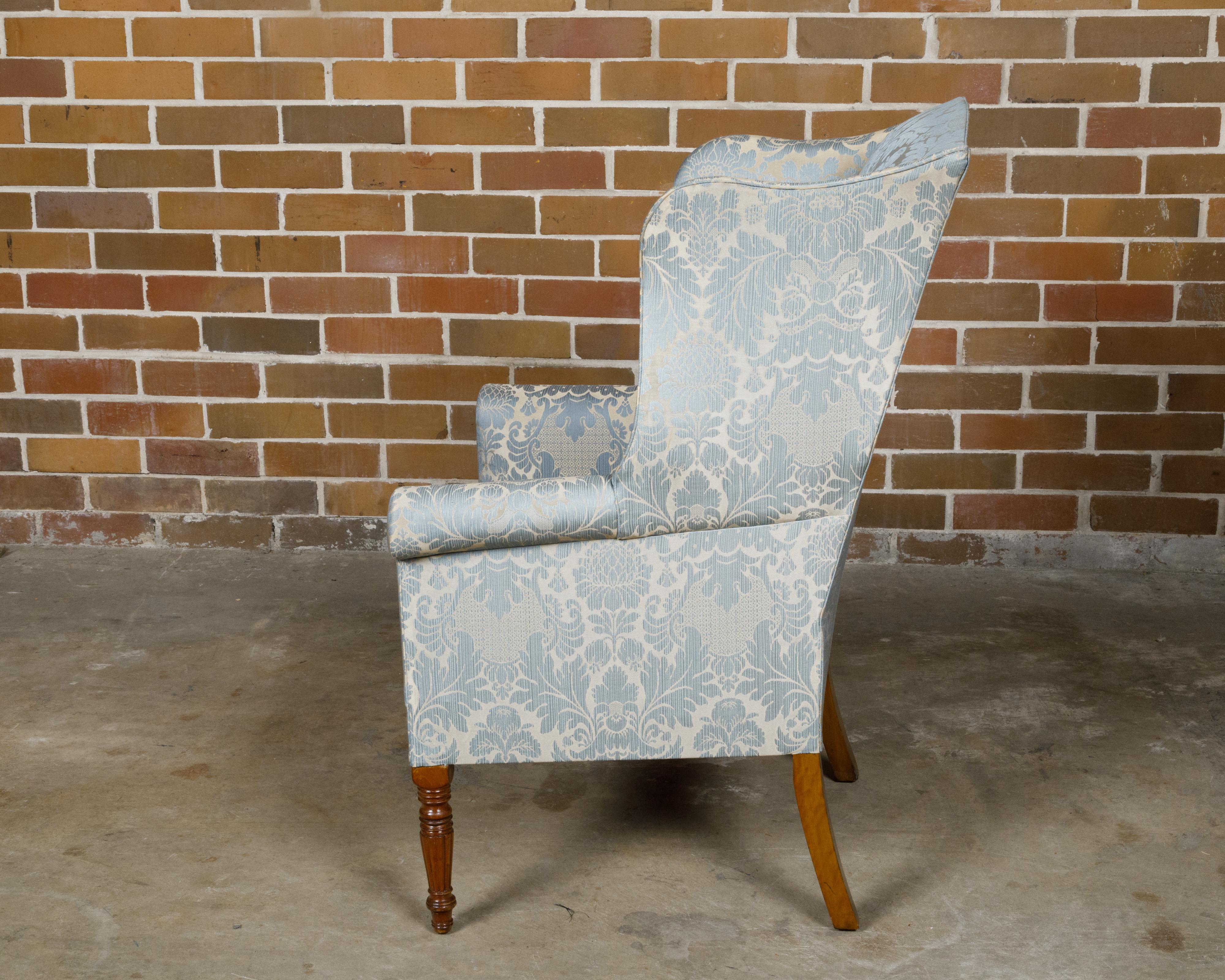 English 19th Century Wingback Chair with Blue Fabric and Turned Legs For Sale 2