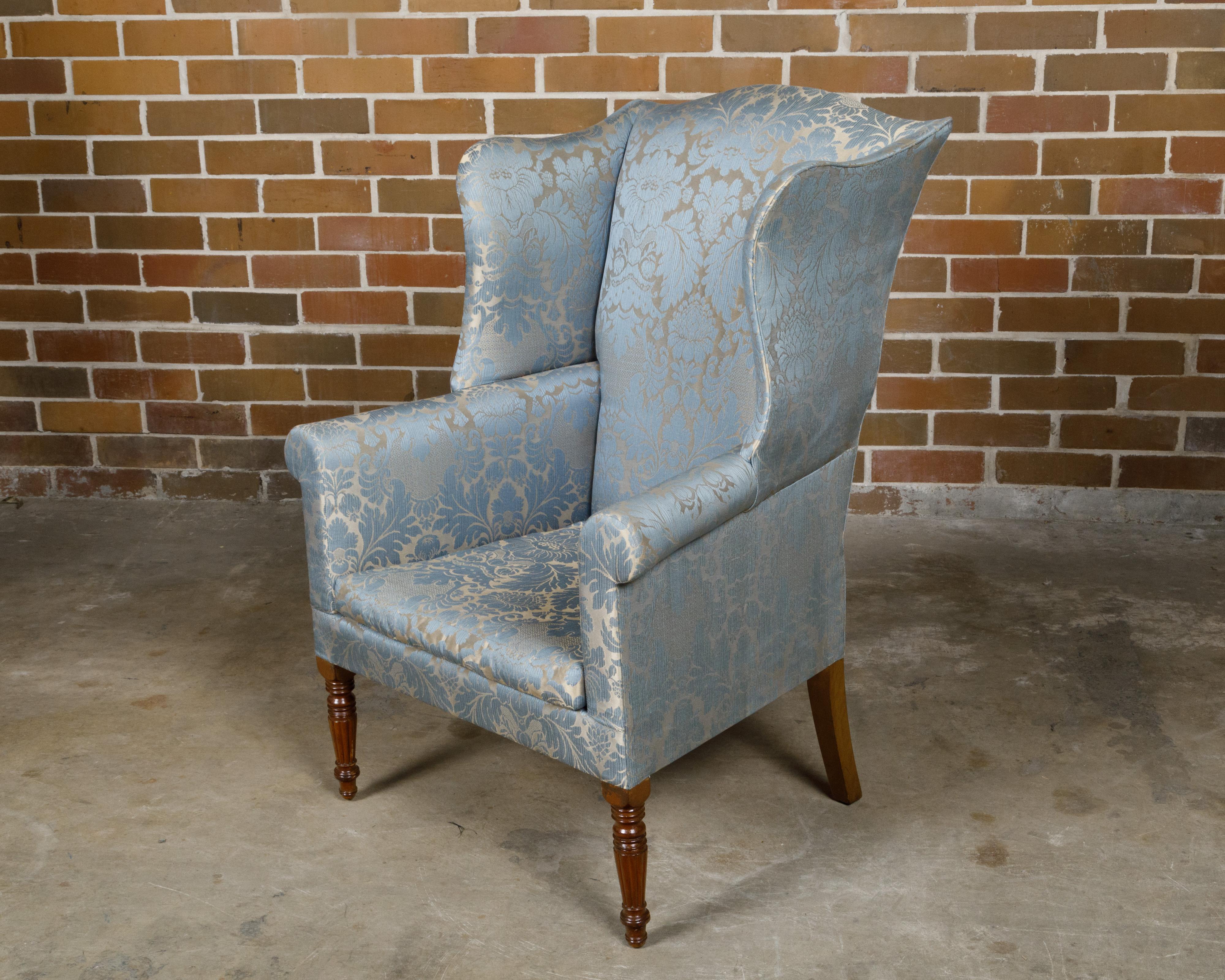 English 19th Century Wingback Chair with Blue Fabric and Turned Legs For Sale 3
