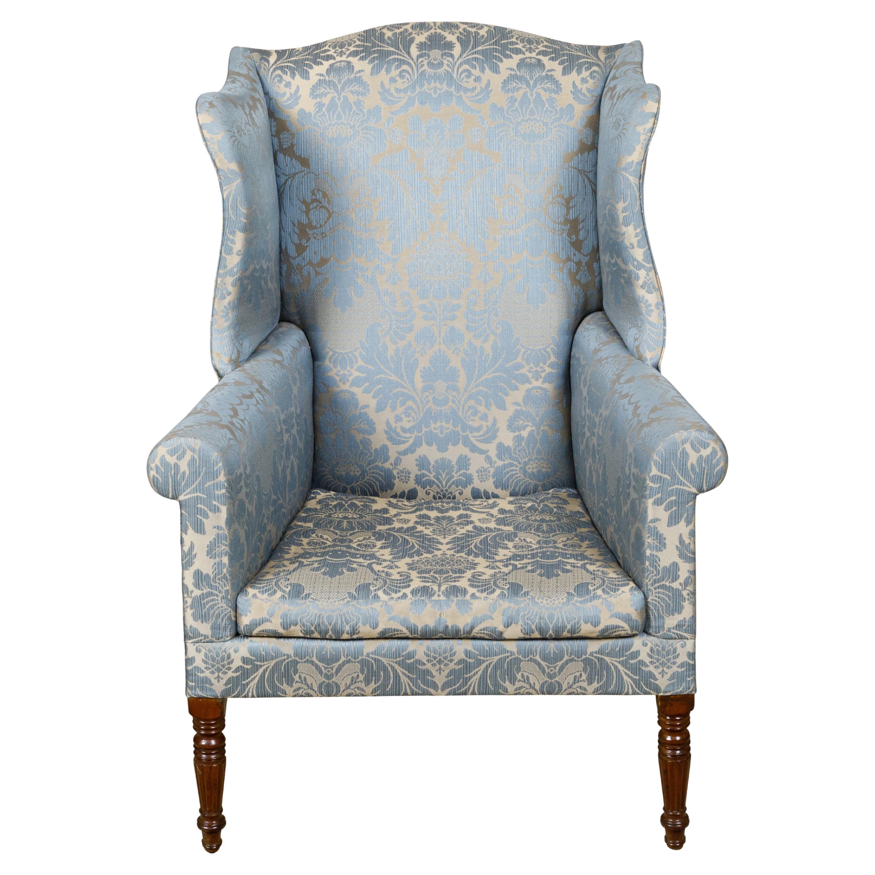 English 19th Century Wingback Chair with Blue Fabric and Turned Legs