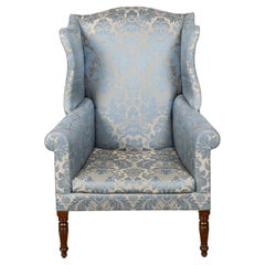 English 19th Century Wingback Chair with Blue Fabric and Turned Legs