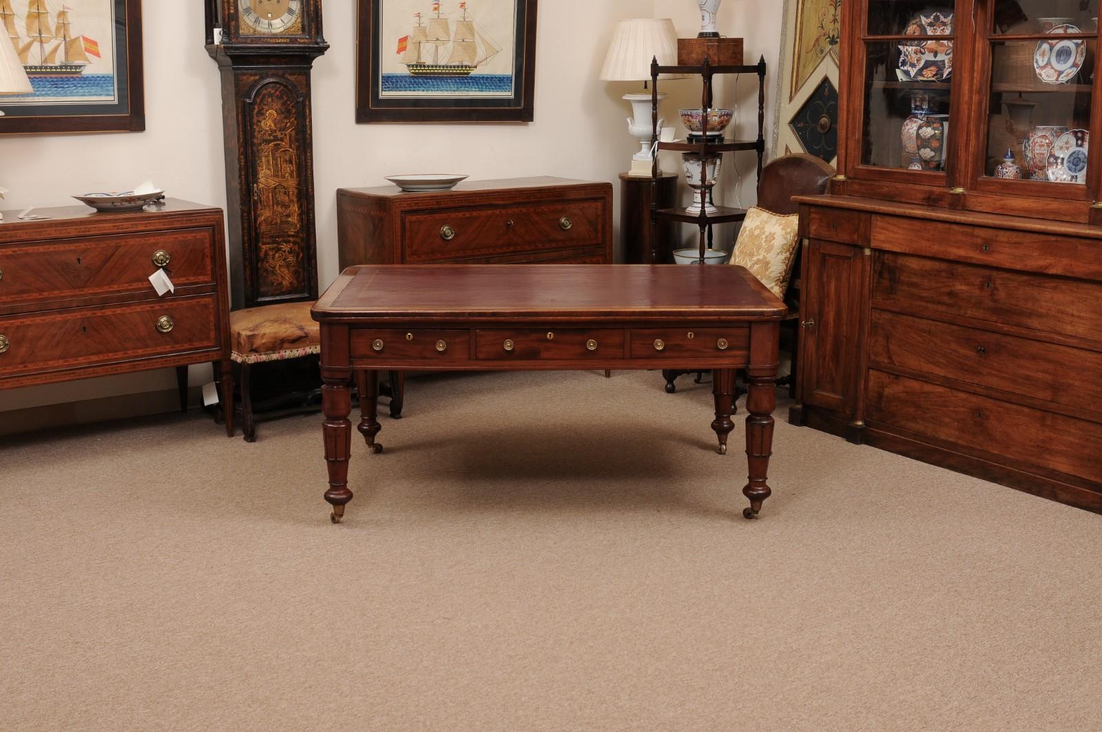 English 19th Century Writing Table /Partner’s Desk with Embossed Red Leather Top For Sale 7