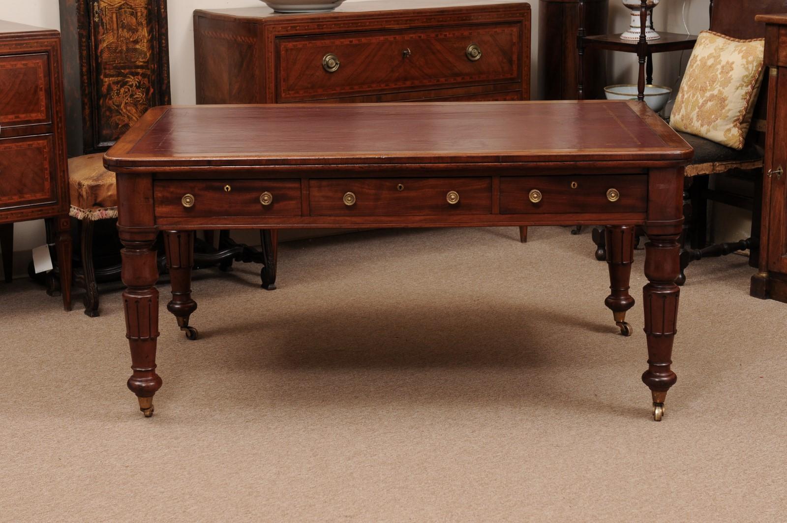 English 19th Century Writing Table /Partner’s Desk with Embossed Red Leather Top For Sale 11