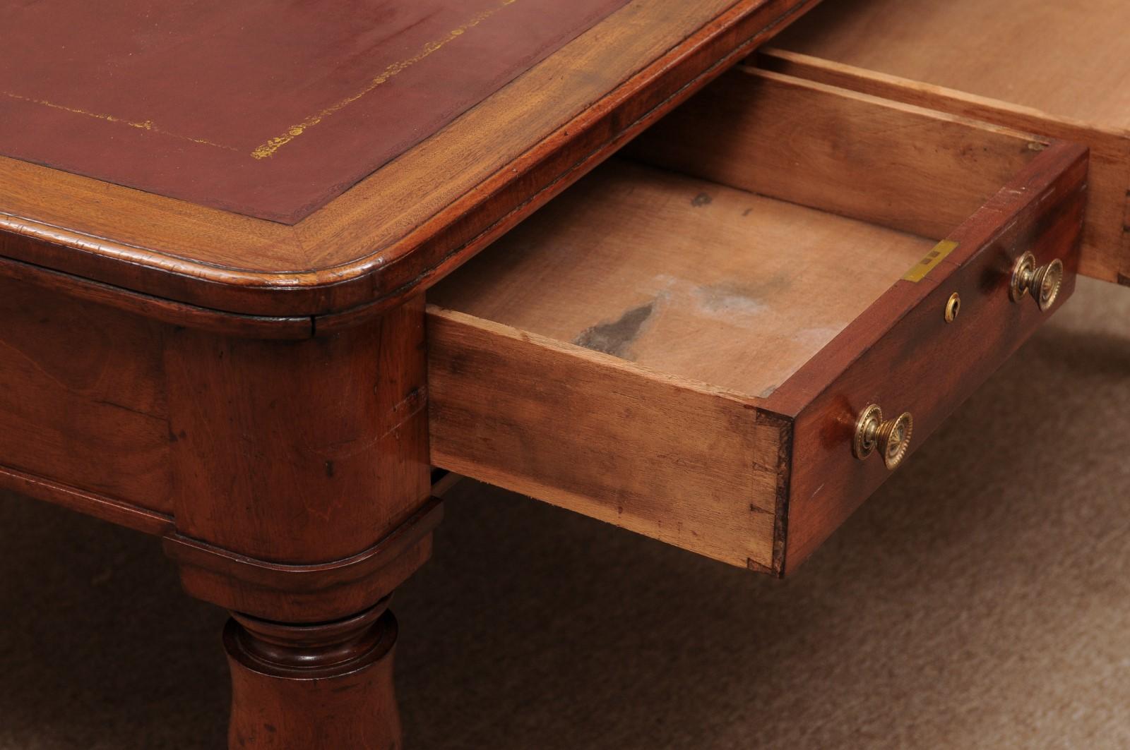 English 19th Century Writing Table /Partner’s Desk with Embossed Red Leather Top For Sale 3
