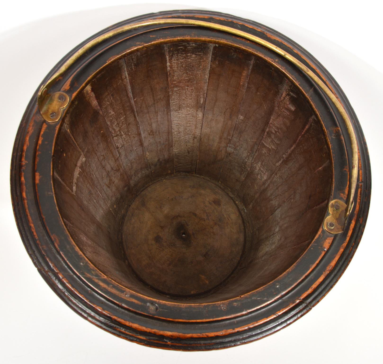 English 19th Ct. Wooden with Brass Liner Peat Bucket 1