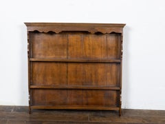 English 19th Oak Wall Plate Rack with Carved Cornice and Three Open Shelves