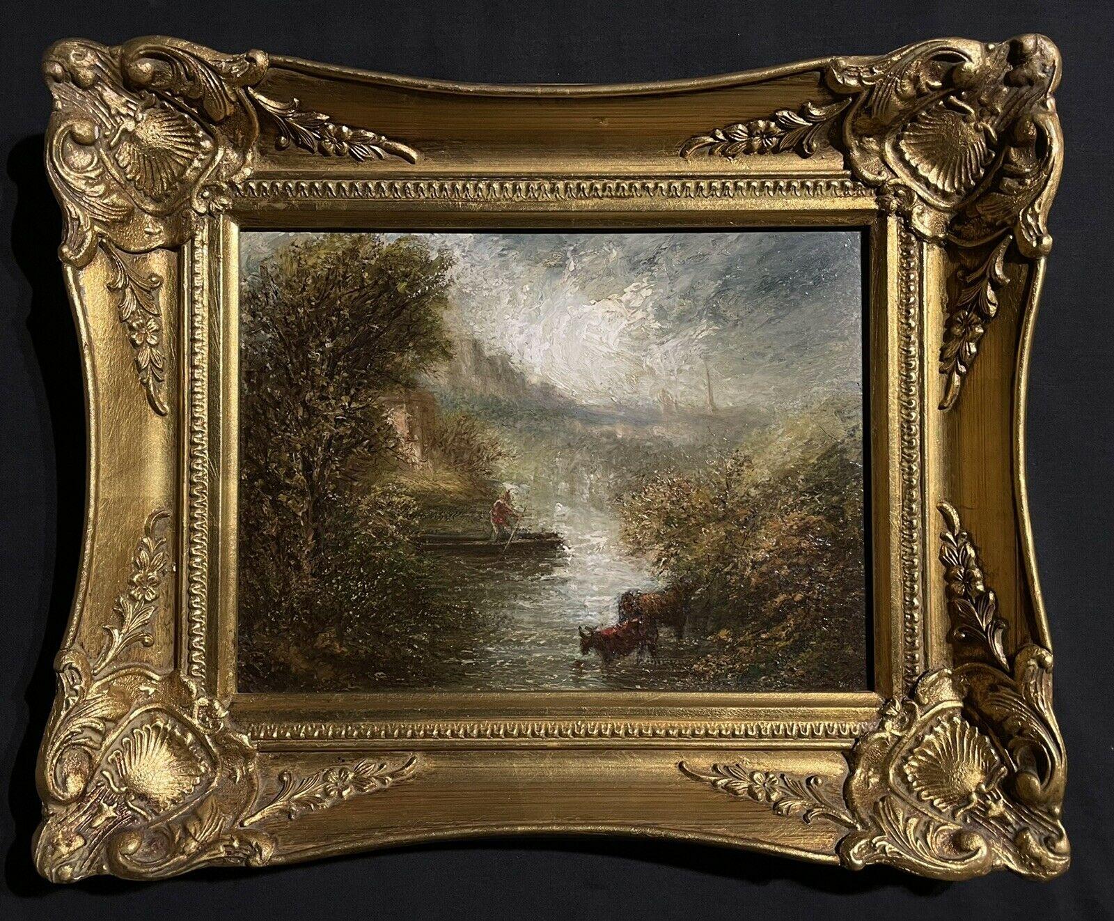 Follower of John Constable, Antique English Oil Figure Stormy Lake in Boat - Painting by English 19th