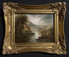 Follower of John Constable, Antique English Oil Figure Stormy Lake in Boat