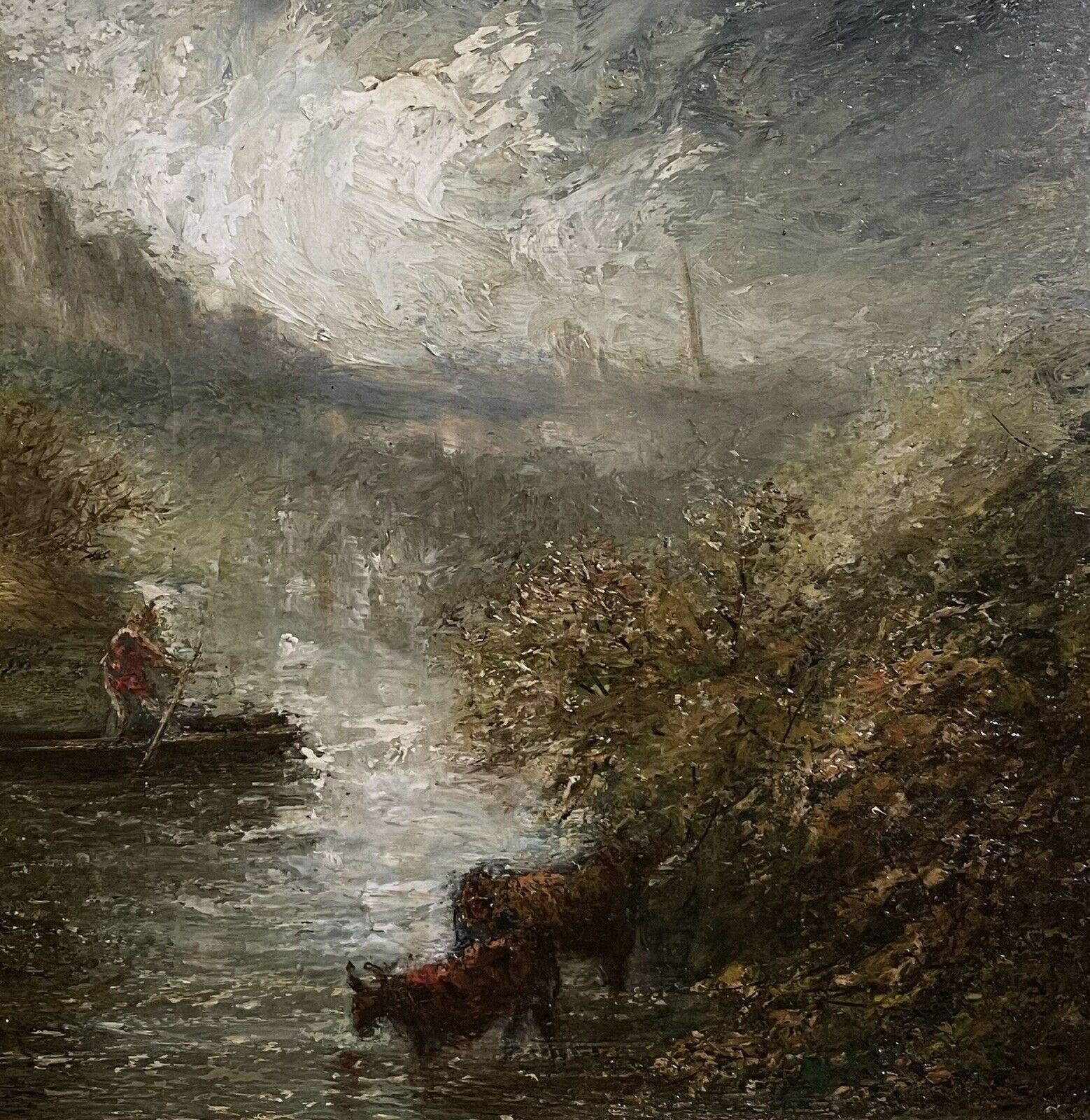 Follower of John Constable, Antique English Oil Figure Stormy Lake in Boat - Victorian Painting by English 19th