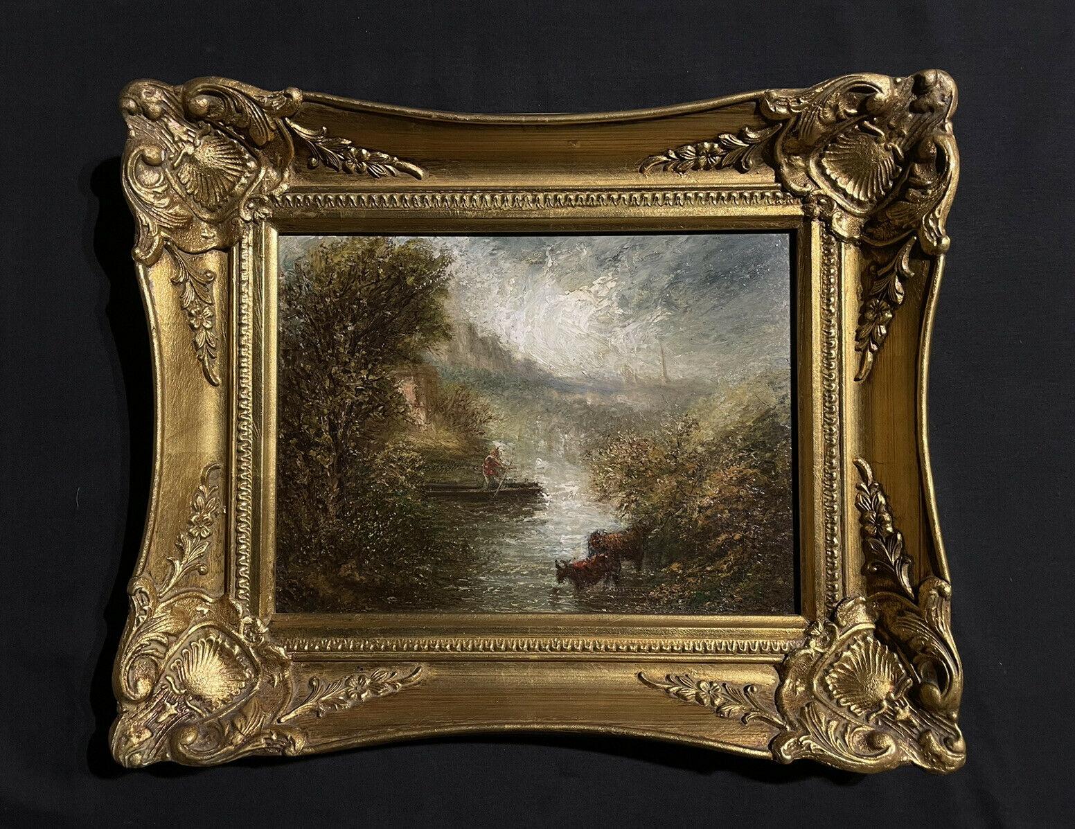 Follower of John Constable, Antique English Oil Figure Stormy Lake in Boat - Black Landscape Painting by English 19th