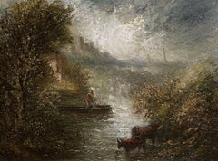 Follower of John Constable, Antique English Oil Figure Stormy Lake in Boat