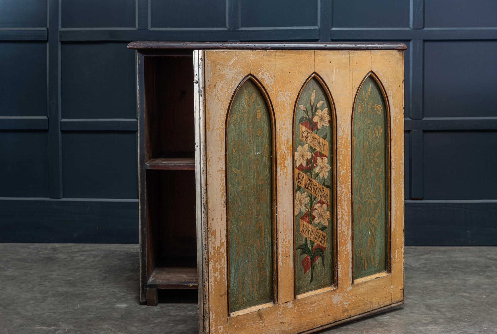 Hand-Painted English 19th Century Decorative Painted Chapel Cupboard For Sale