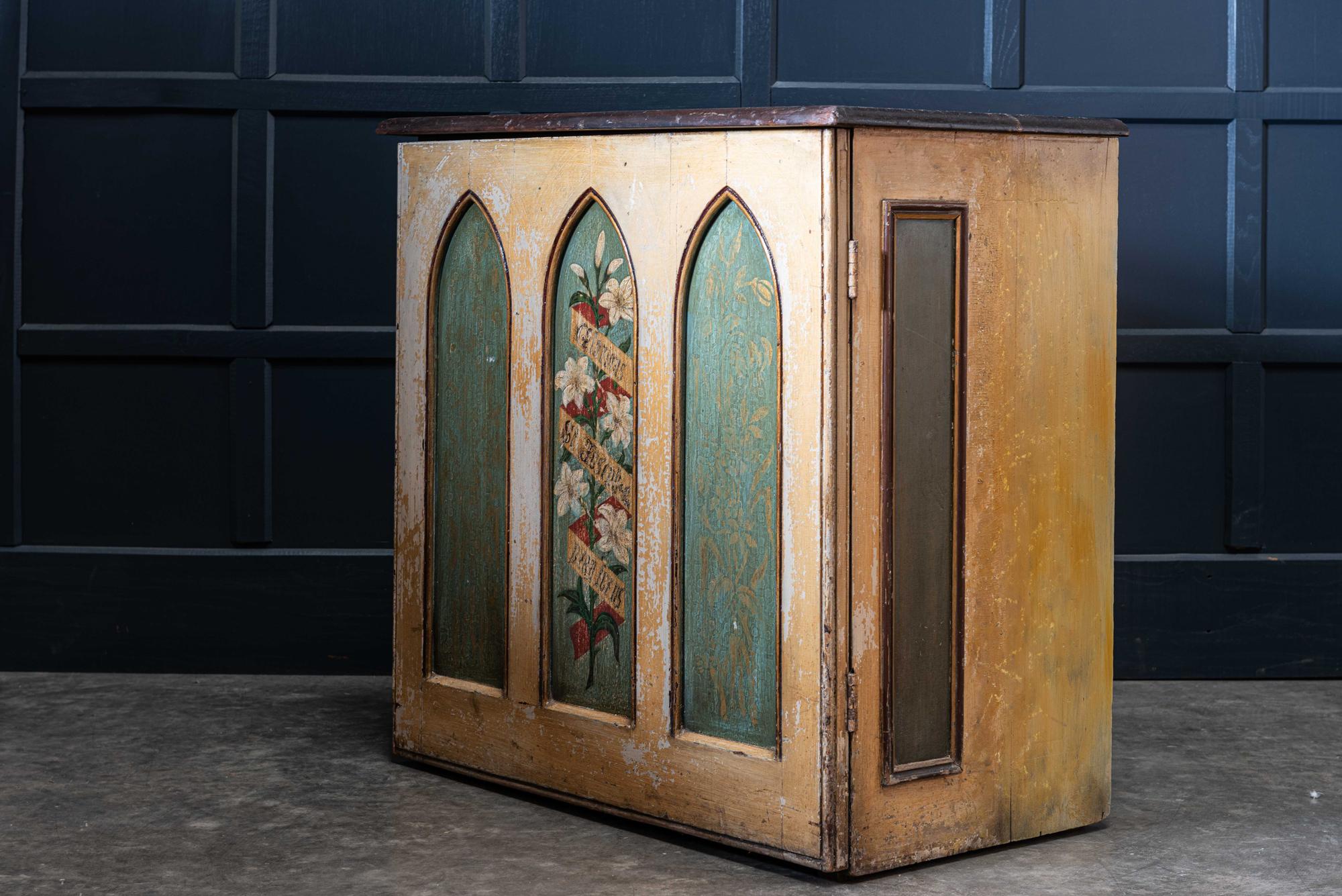 Pine English 19th Century Decorative Painted Chapel Cupboard For Sale