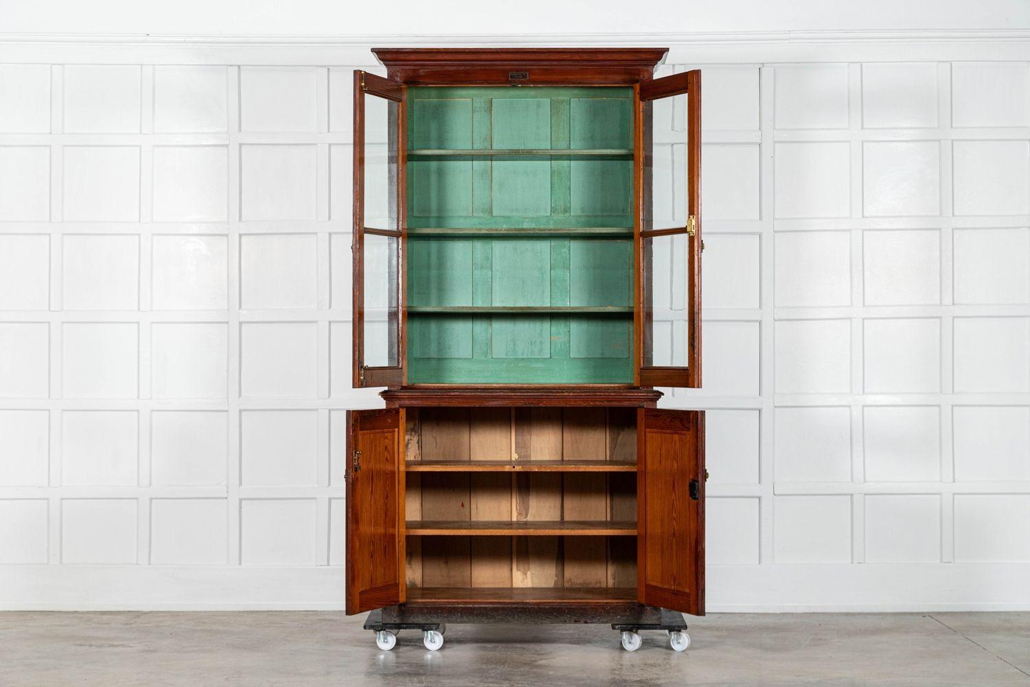 circa 1870
English 19thC Pine Glazed Housekeepers Cabinet
sku 1996
Together W119 x D52 x H229 cm
Base W112 x D52 x H92 cm
Base internal shelf depth 45 cm
Top W119 x D39 x H137 cm
Top internal shelf depth 27 cm
Weight 118 kg
