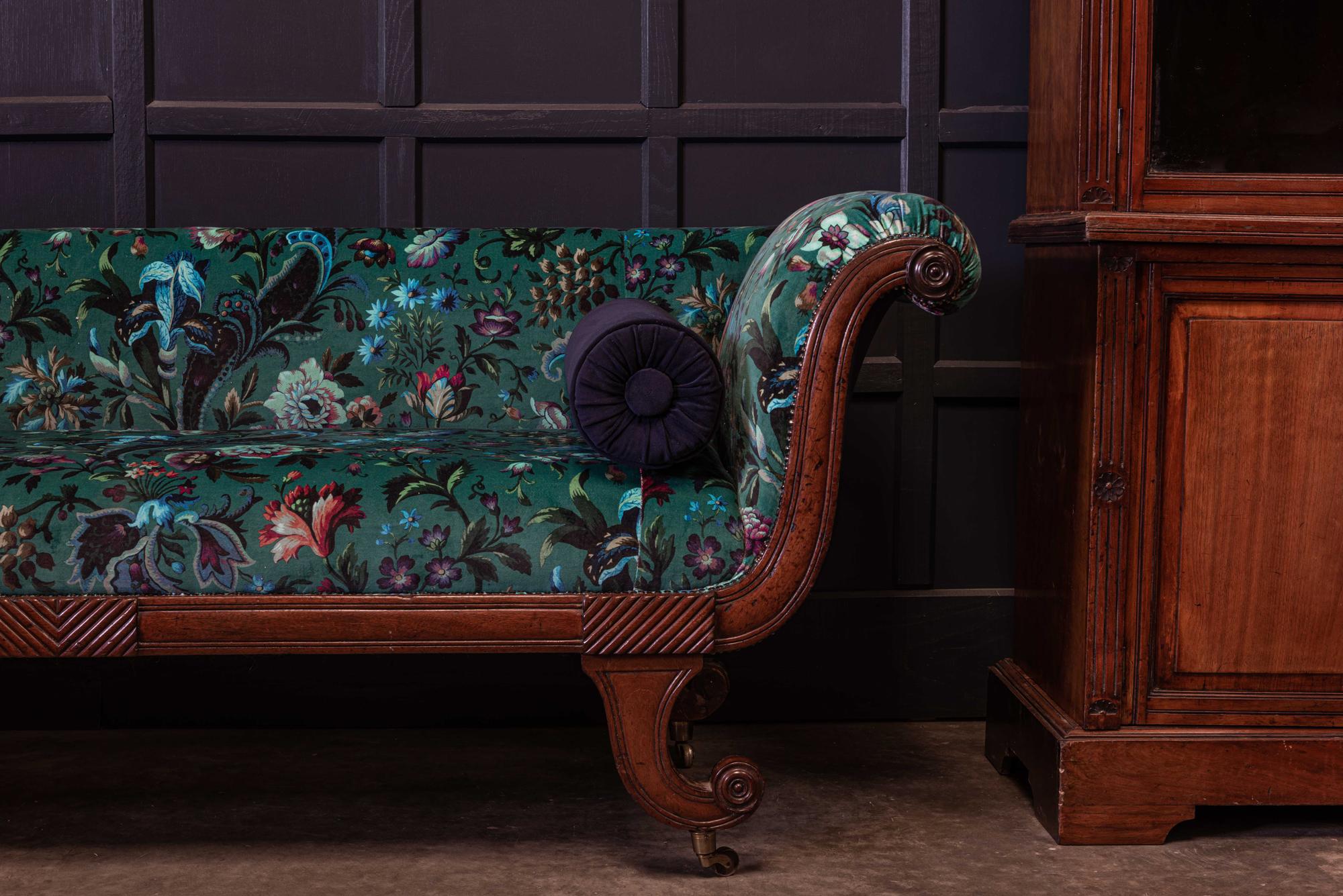 Hand-Carved English Regency Mahogany Scroll End Sofa, Reupholstered.