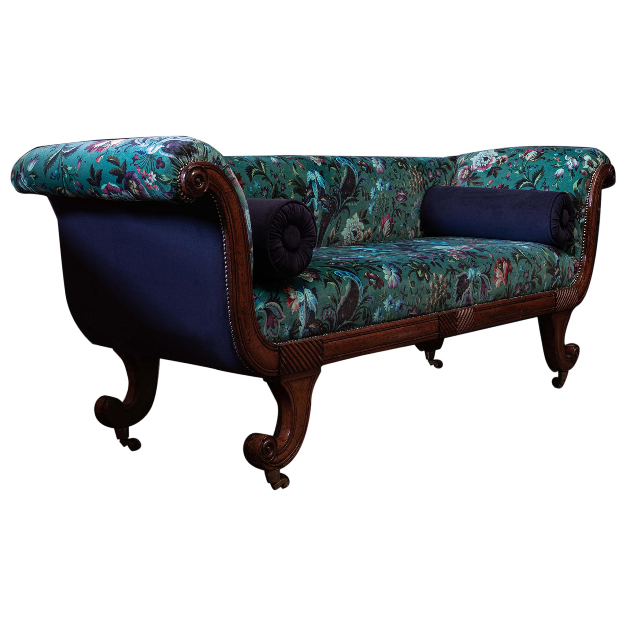 English Regency Mahogany Scroll End Sofa, Reupholstered.