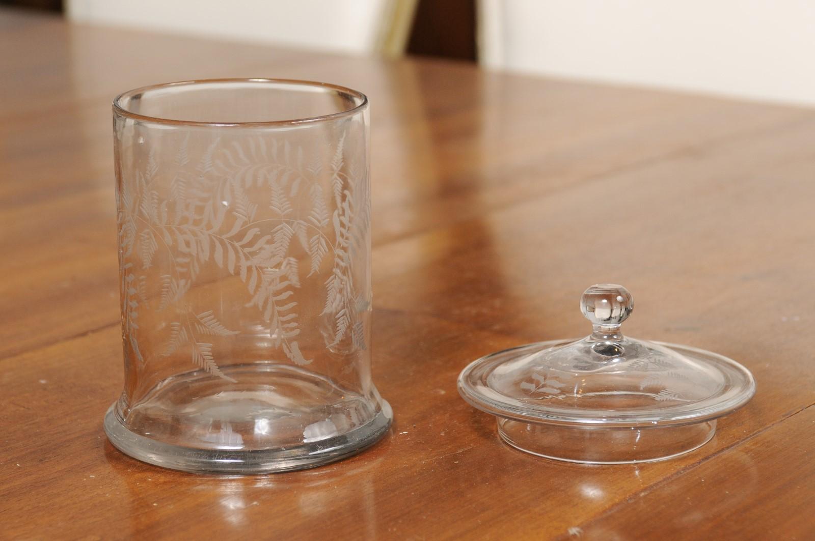 English 20th Century Biscuit Jar with Etched Foliage Motifs and Domed Lid In Good Condition In Atlanta, GA